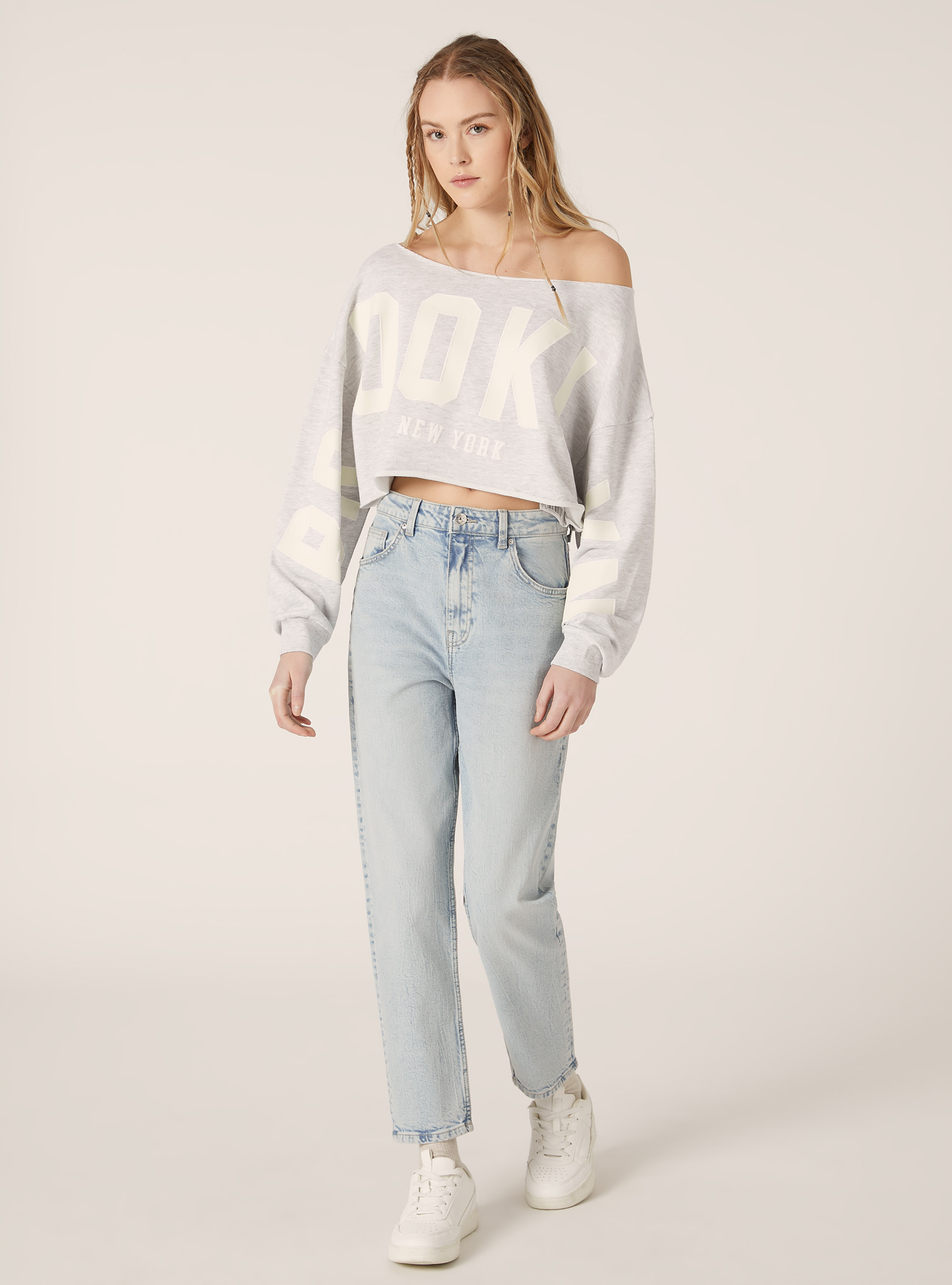 Sweatshirt court aux &eacute;paules d&eacute;nud&eacute;es, MGY3 GREY MEL LIGHT