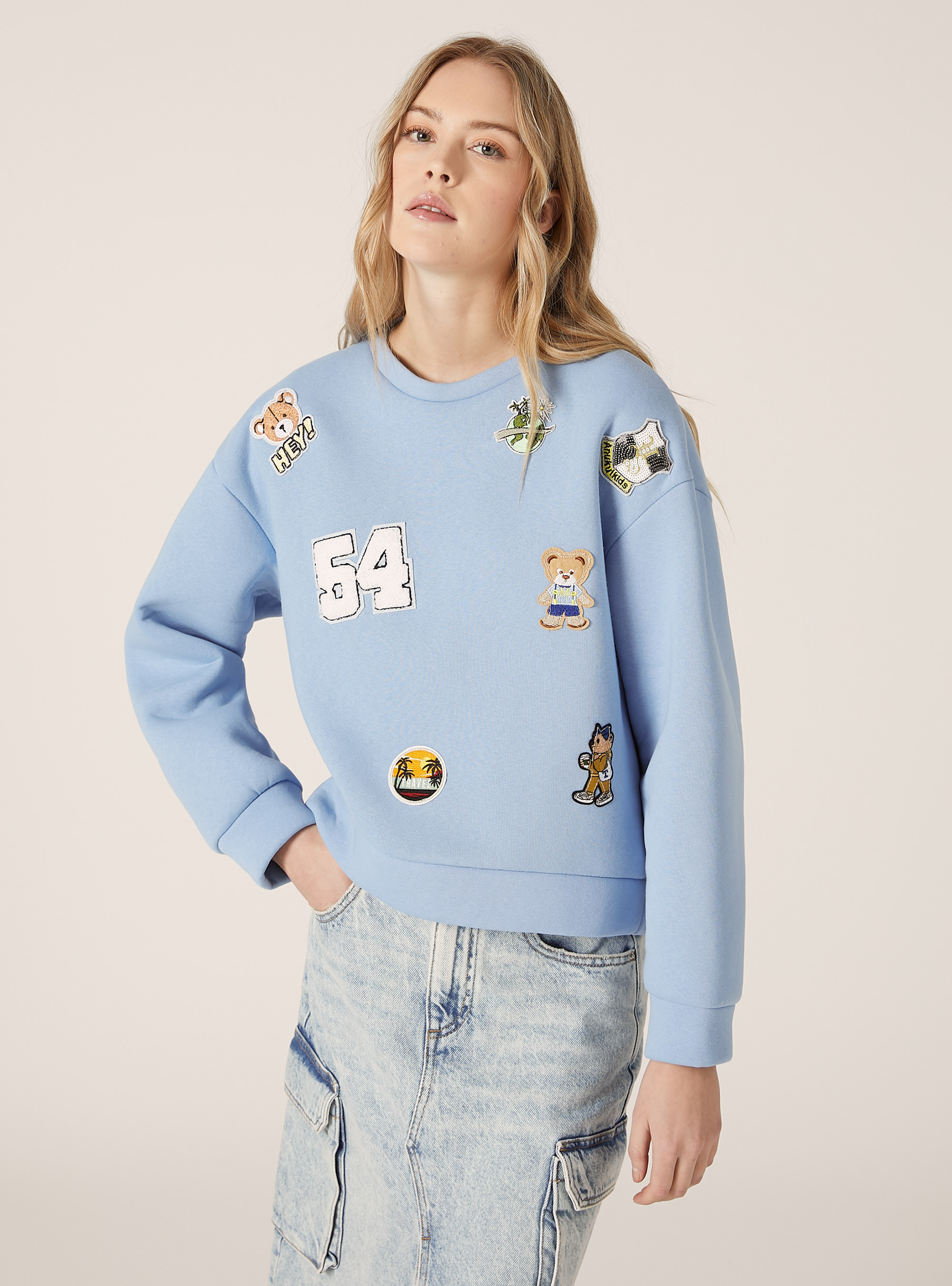 Round-neck sweatshirt with patches, AZ2 AZURE MEDIUM