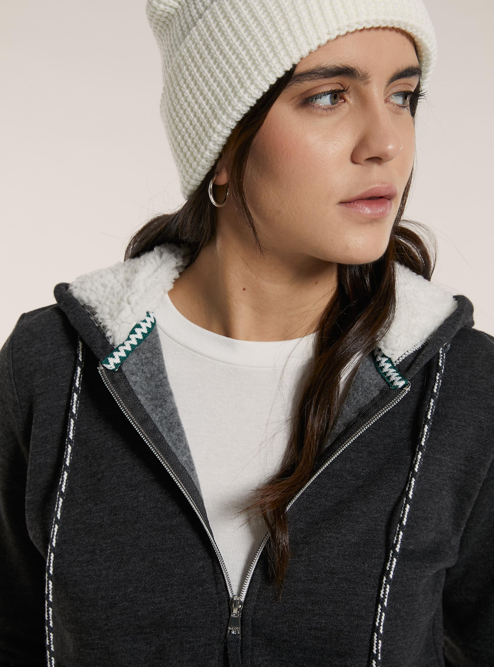 Felpa con zip e cappuccio in ecopelliccia, GRIGIO MELANGE