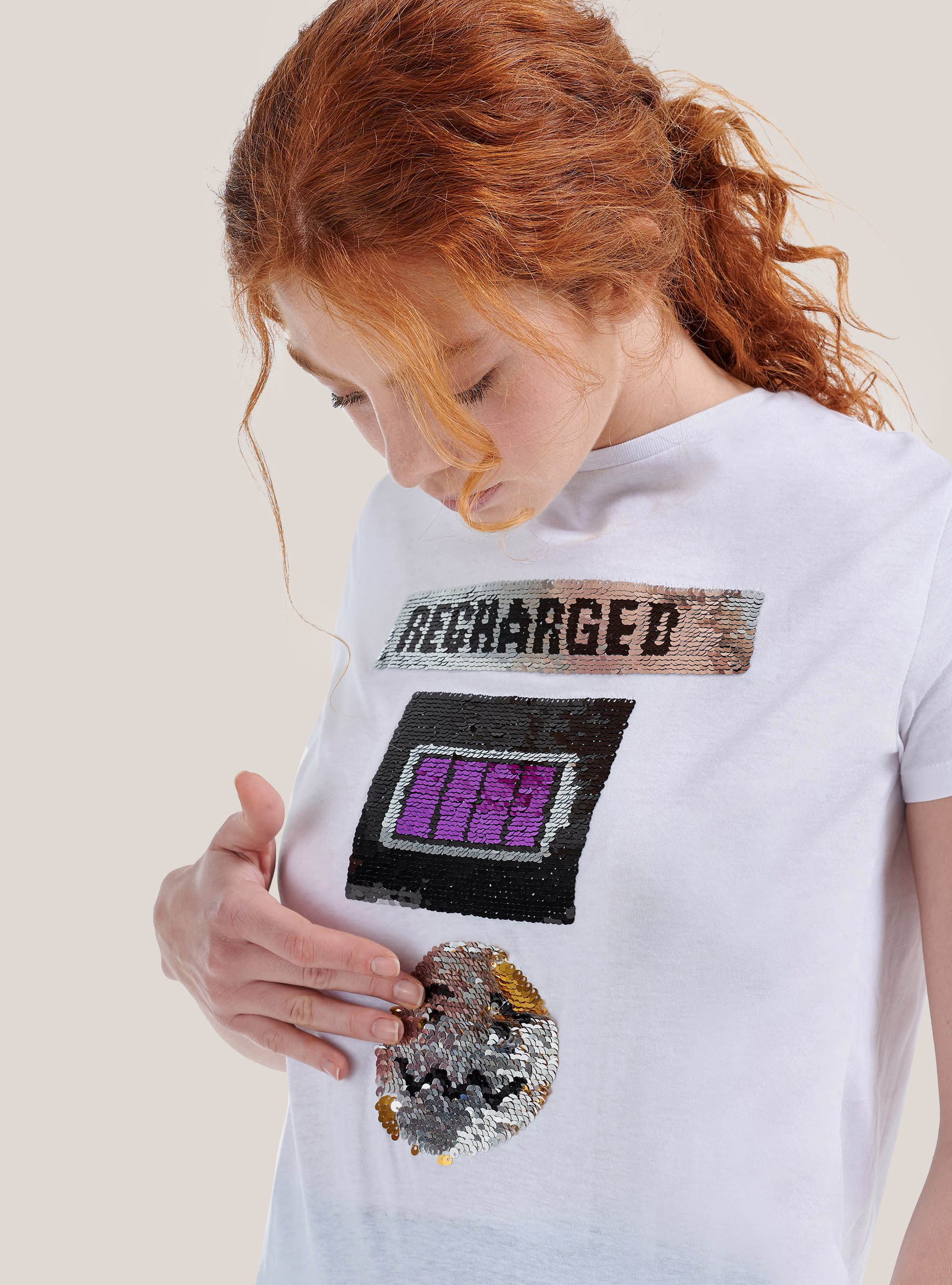 Cotton T-shirt with sequined smiley face, WHITE