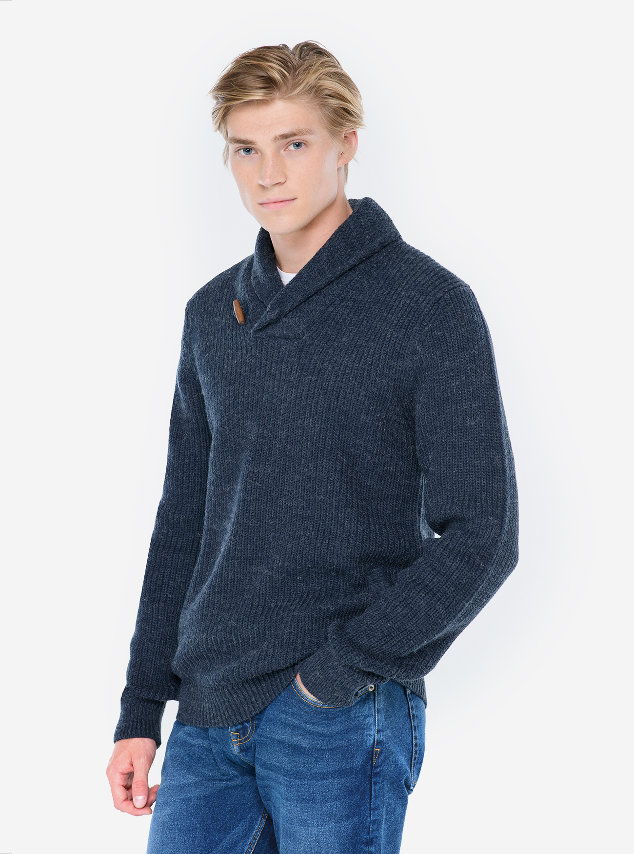PULLOVER WITH SHAWL COLLAR, BLUE MELANGE