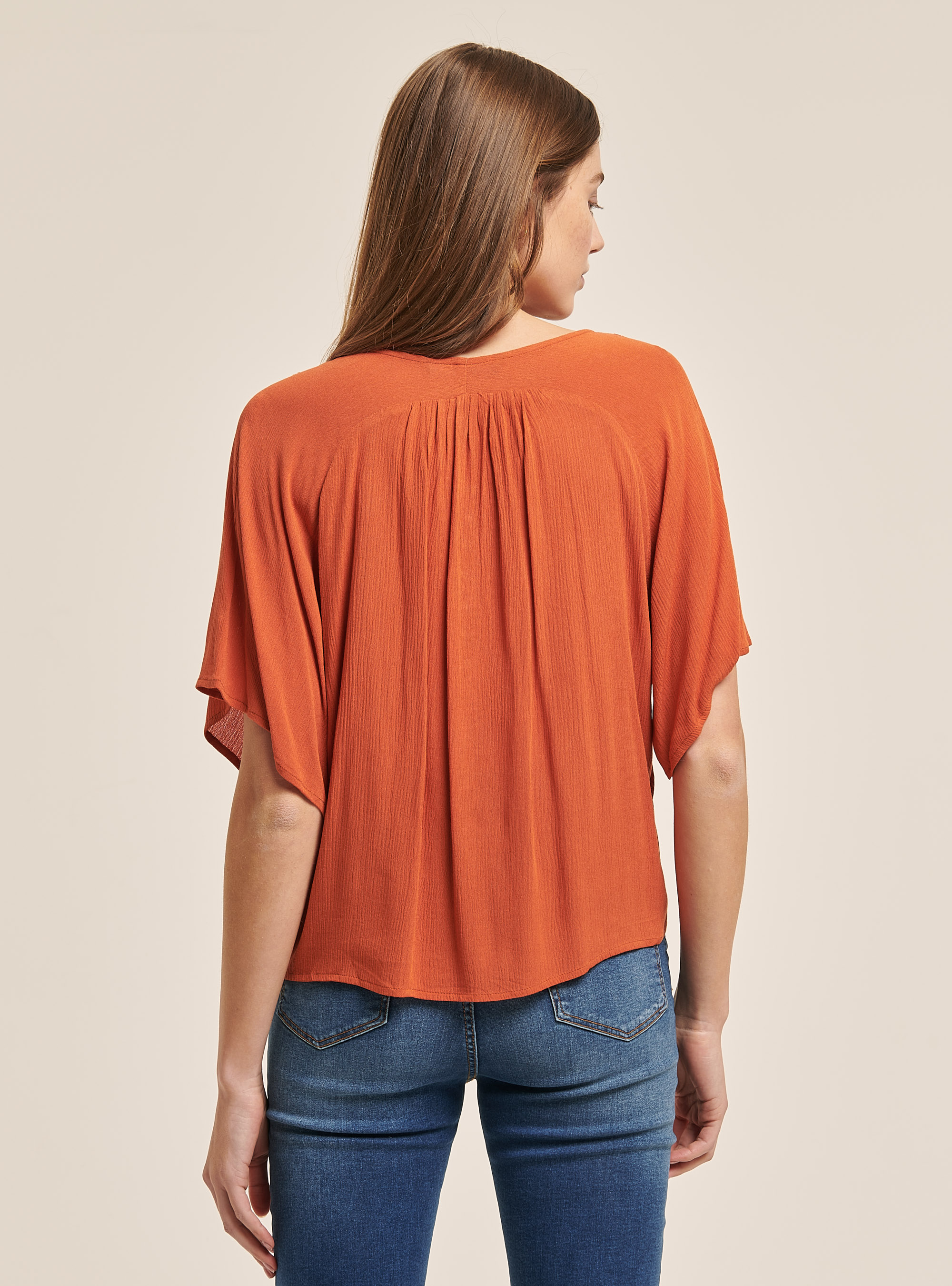 Camicetta scollo a v tinta unita e nodo in vita, C0382 DARK ORANGE