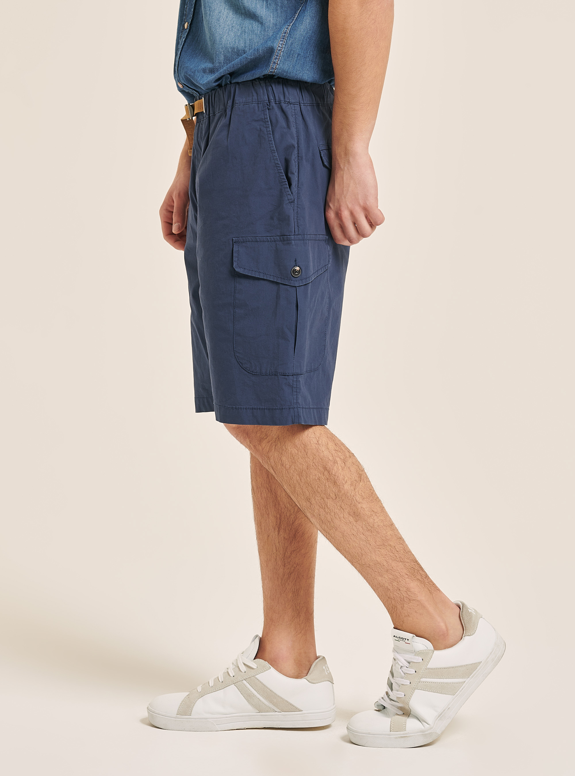 Cotton cargo bermuda with strap, BLUE