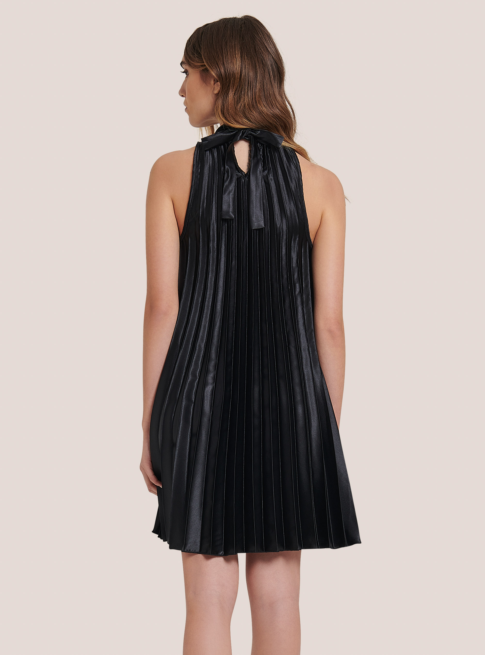 Pleated satin dress with halter neckline, BLACK