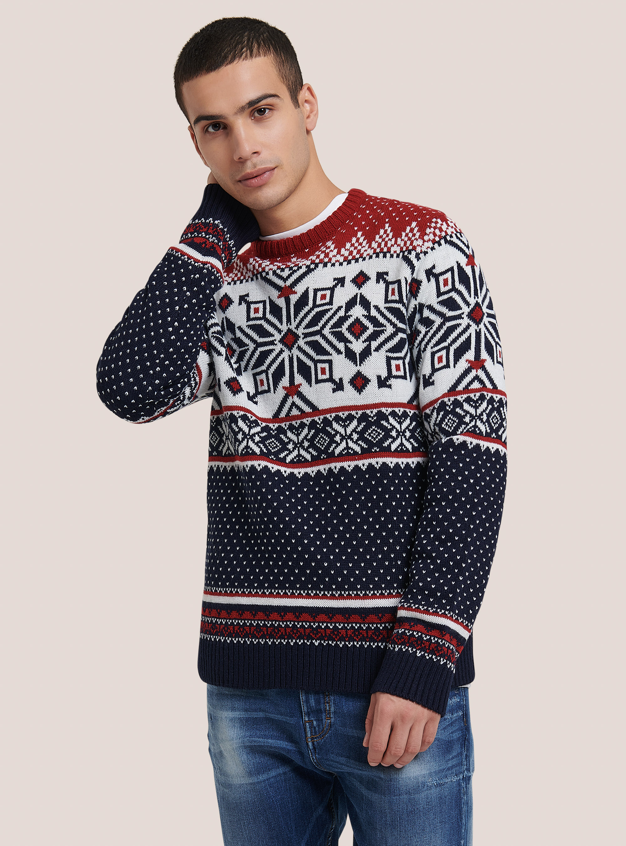 Jersey navide&ntilde;o de cuello redondo con copos de nieve, ROJO