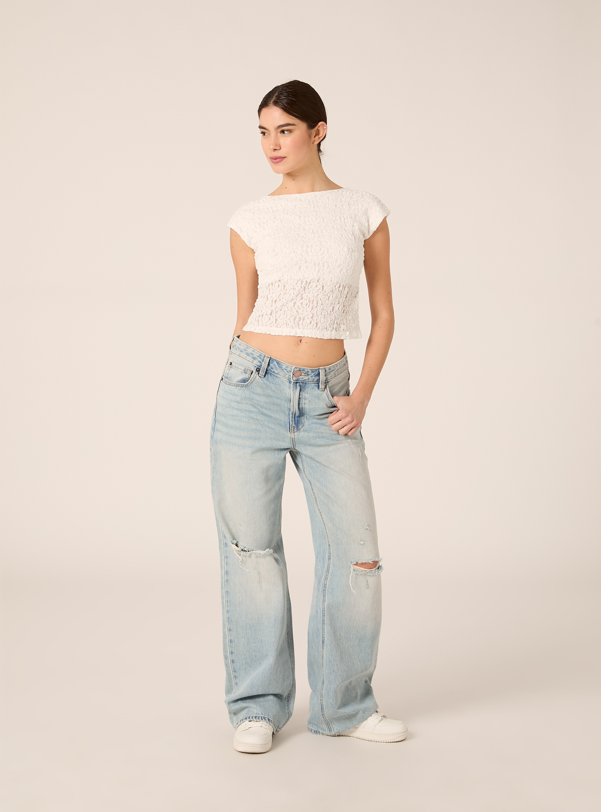 Spitzen-T-Shirt mit freiem R&uuml;cken, WH3 WHITE