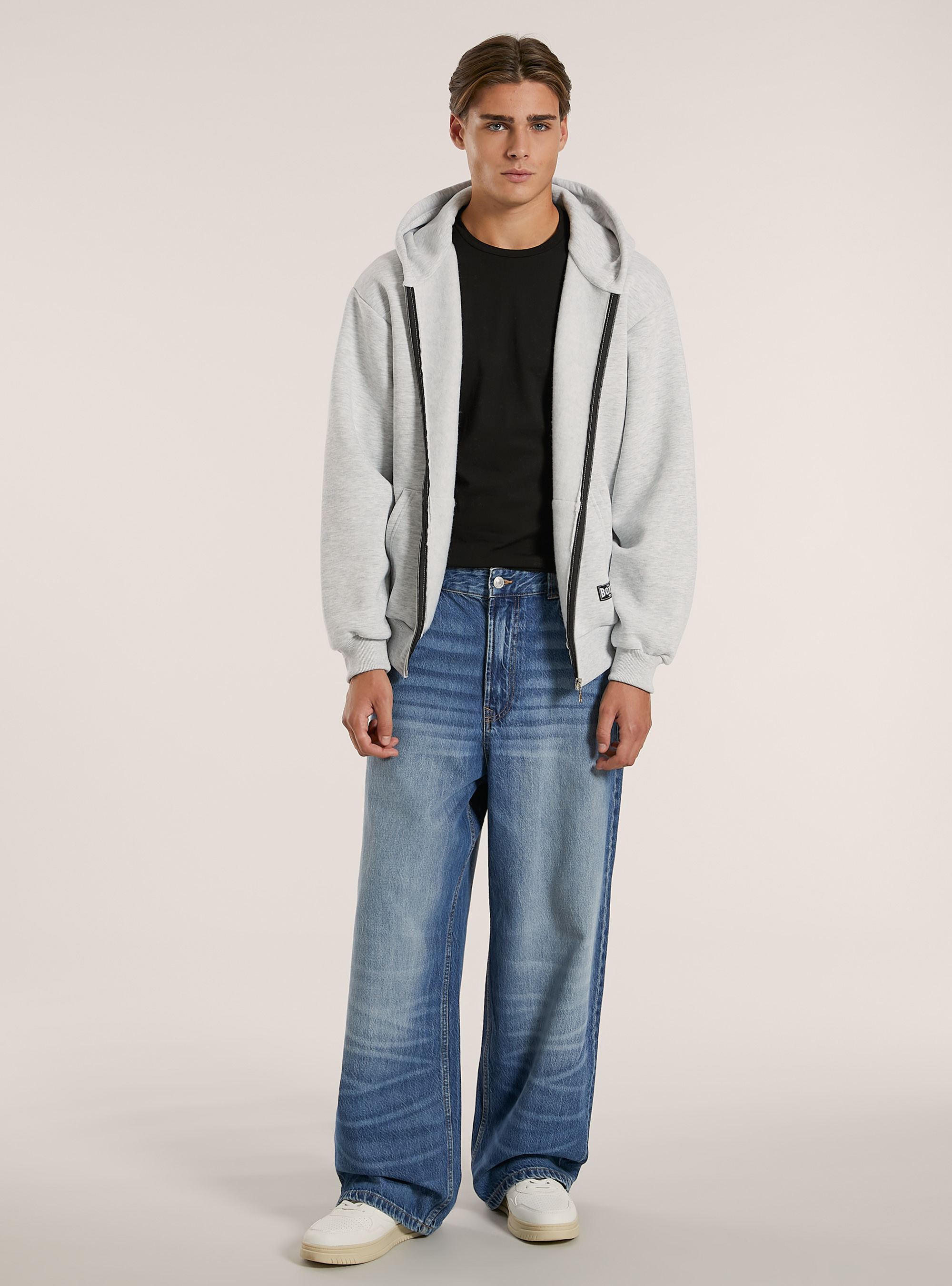 Sweatshirt mit Reißverschluss und kastenförmiger Kapuze, MGY3 GREY MEL LIGHT