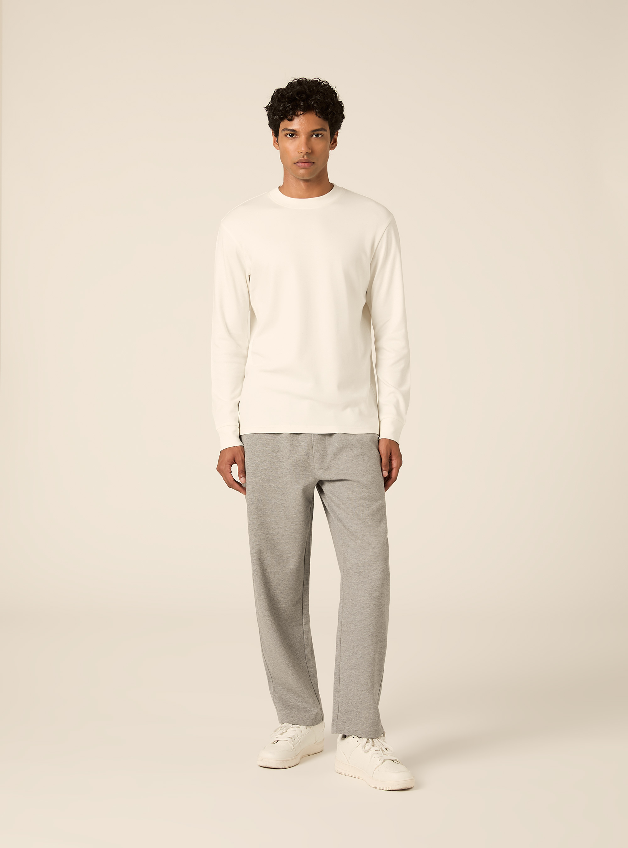 Maglia girocollo maniche lunghe interlock, PANNA