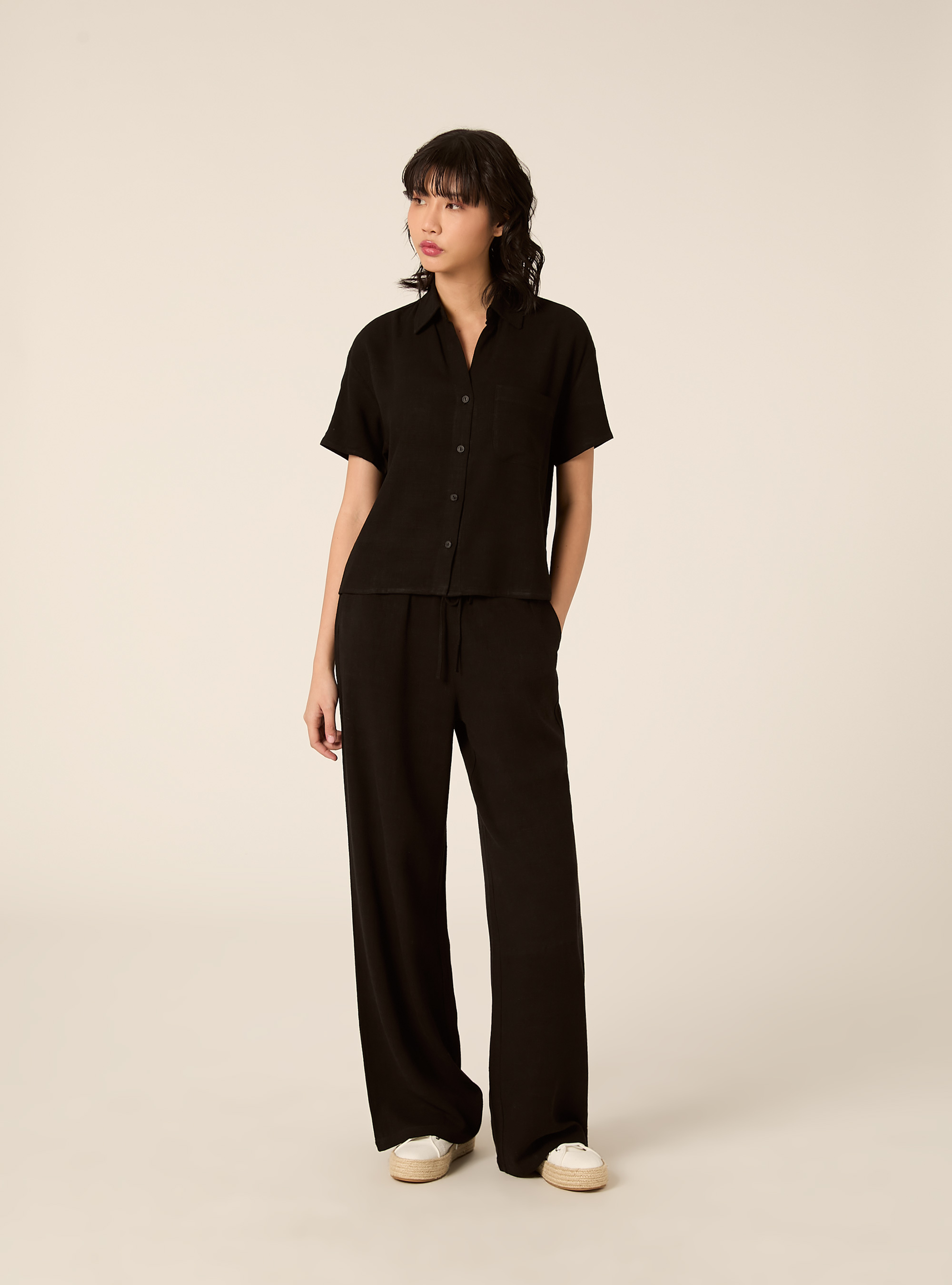 Cropped linen blend shirt, BK1 BLACK
