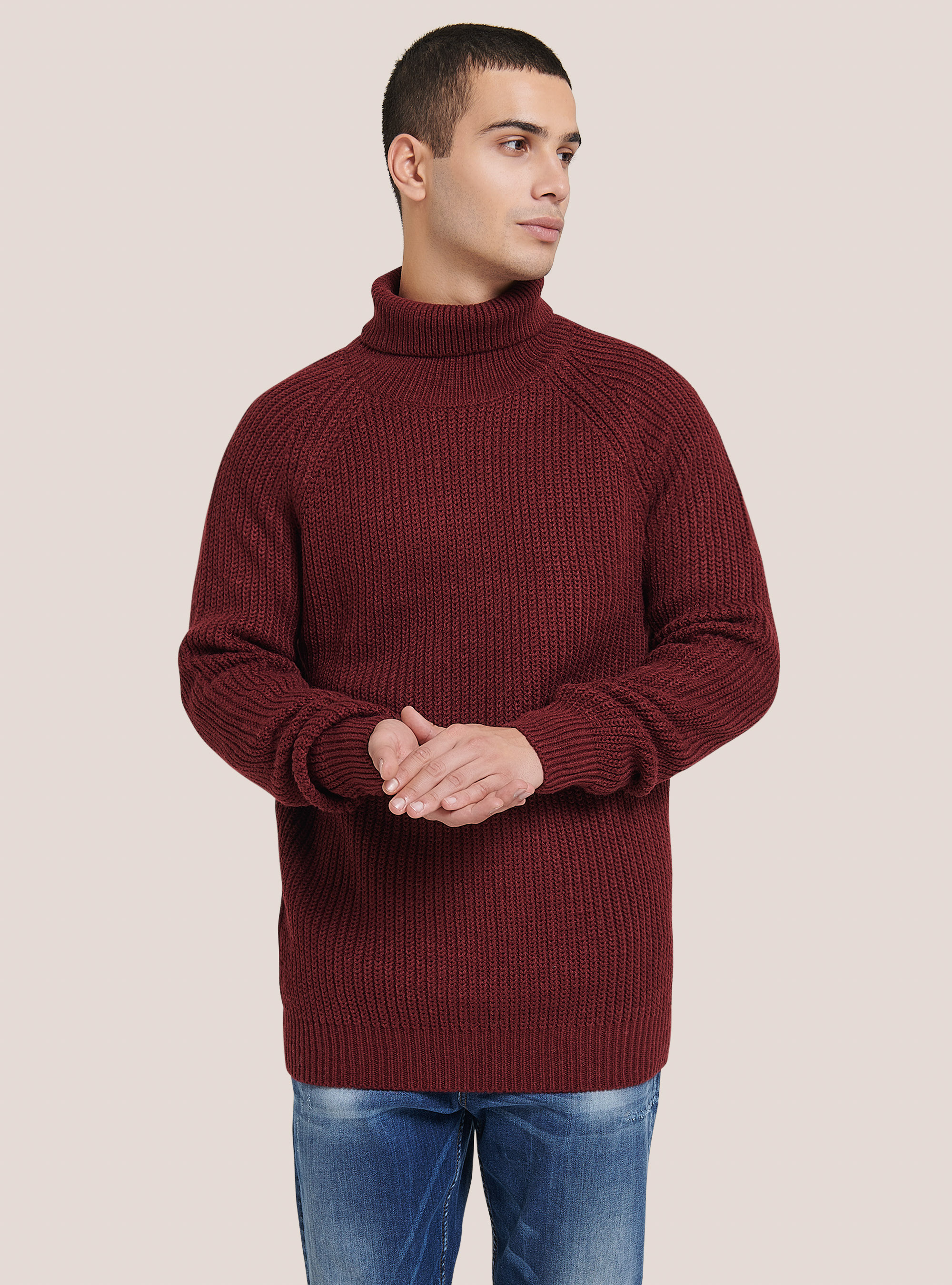 Pullover caldo collo alto a coste inglesi, BO2 BORDEAUX MEDIUM