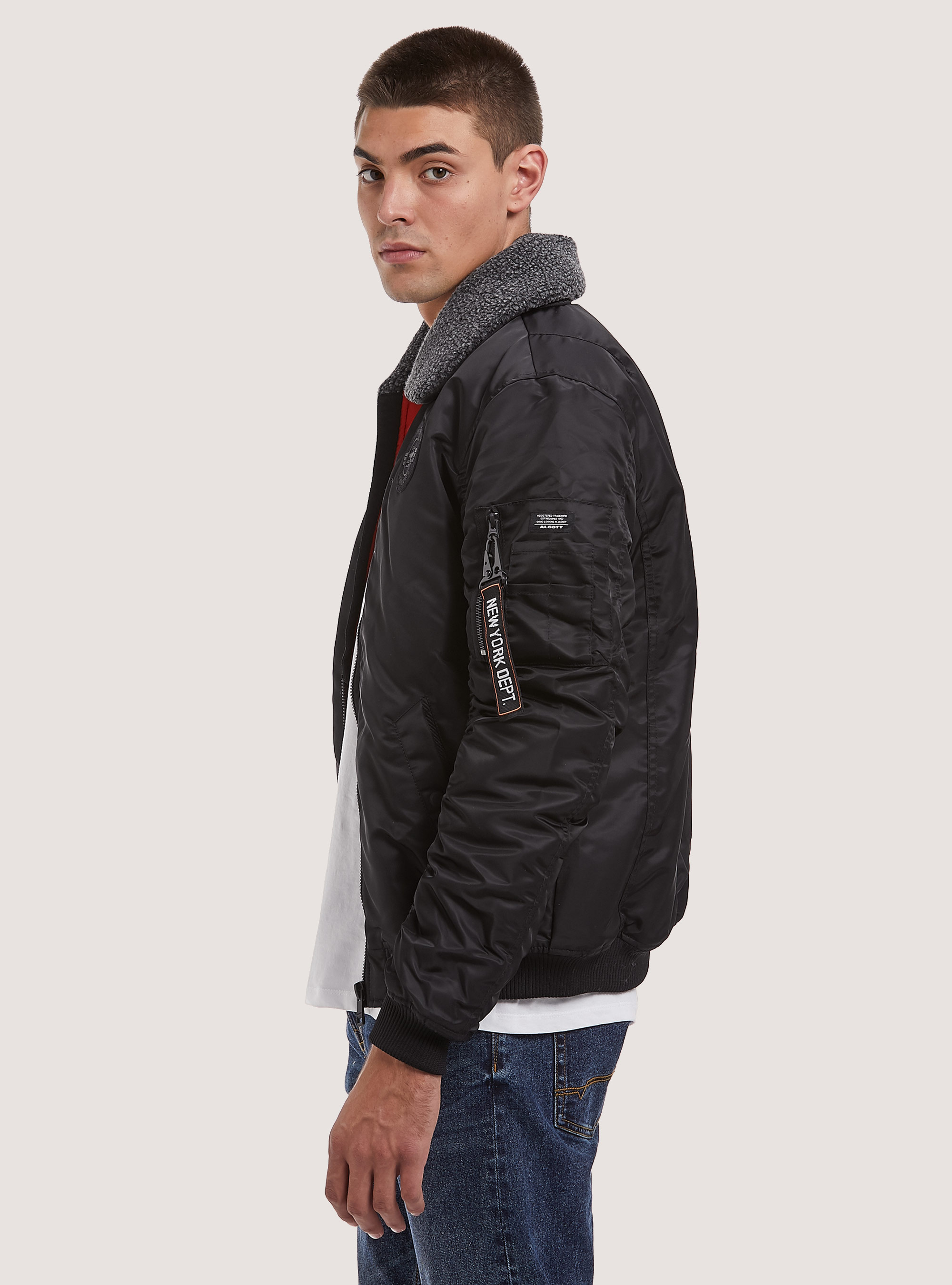 Bomber jacket with fur collar, BLACK