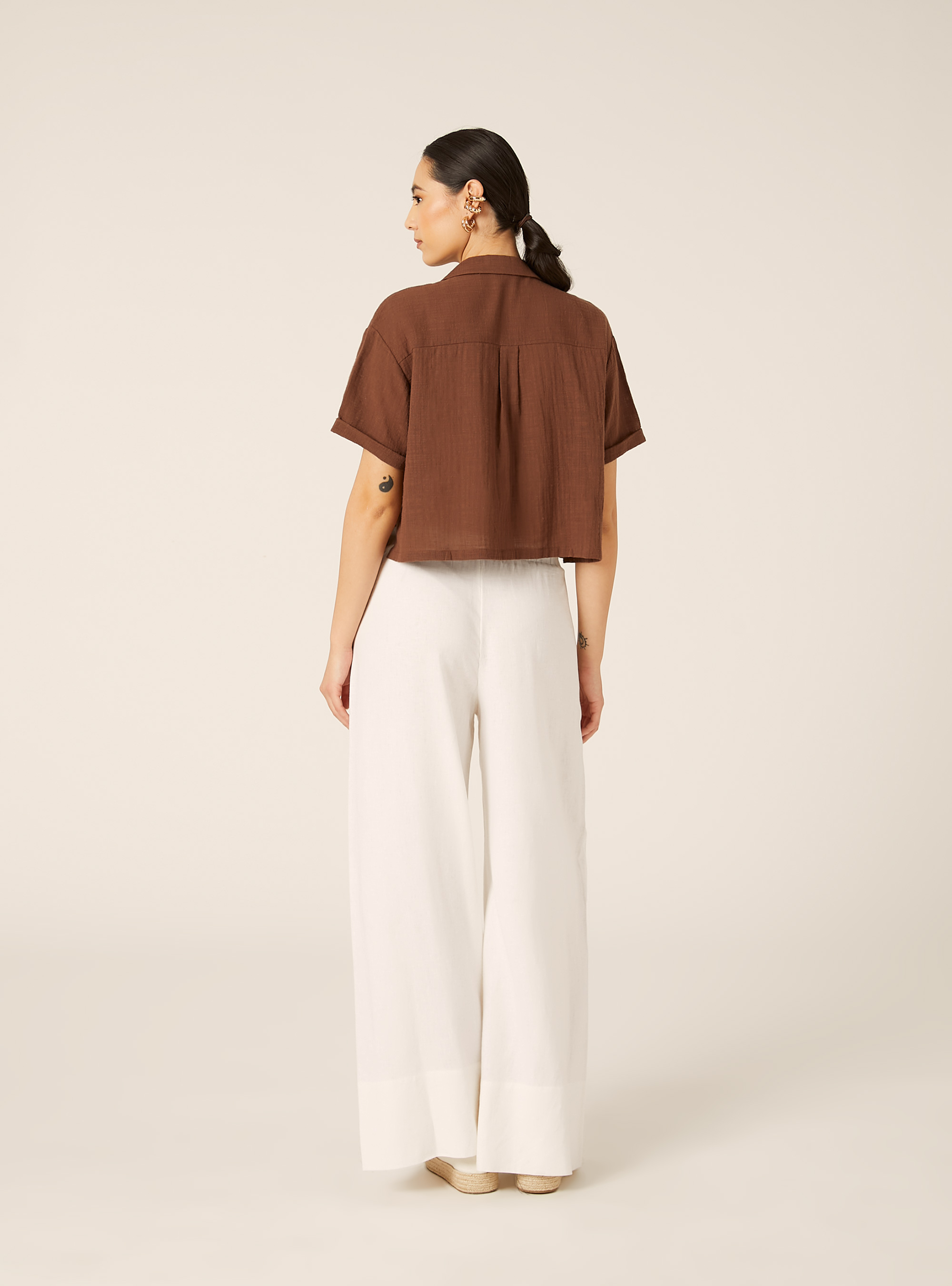 Camicia maniche corte crop, BR2 BROWN MEDIUM