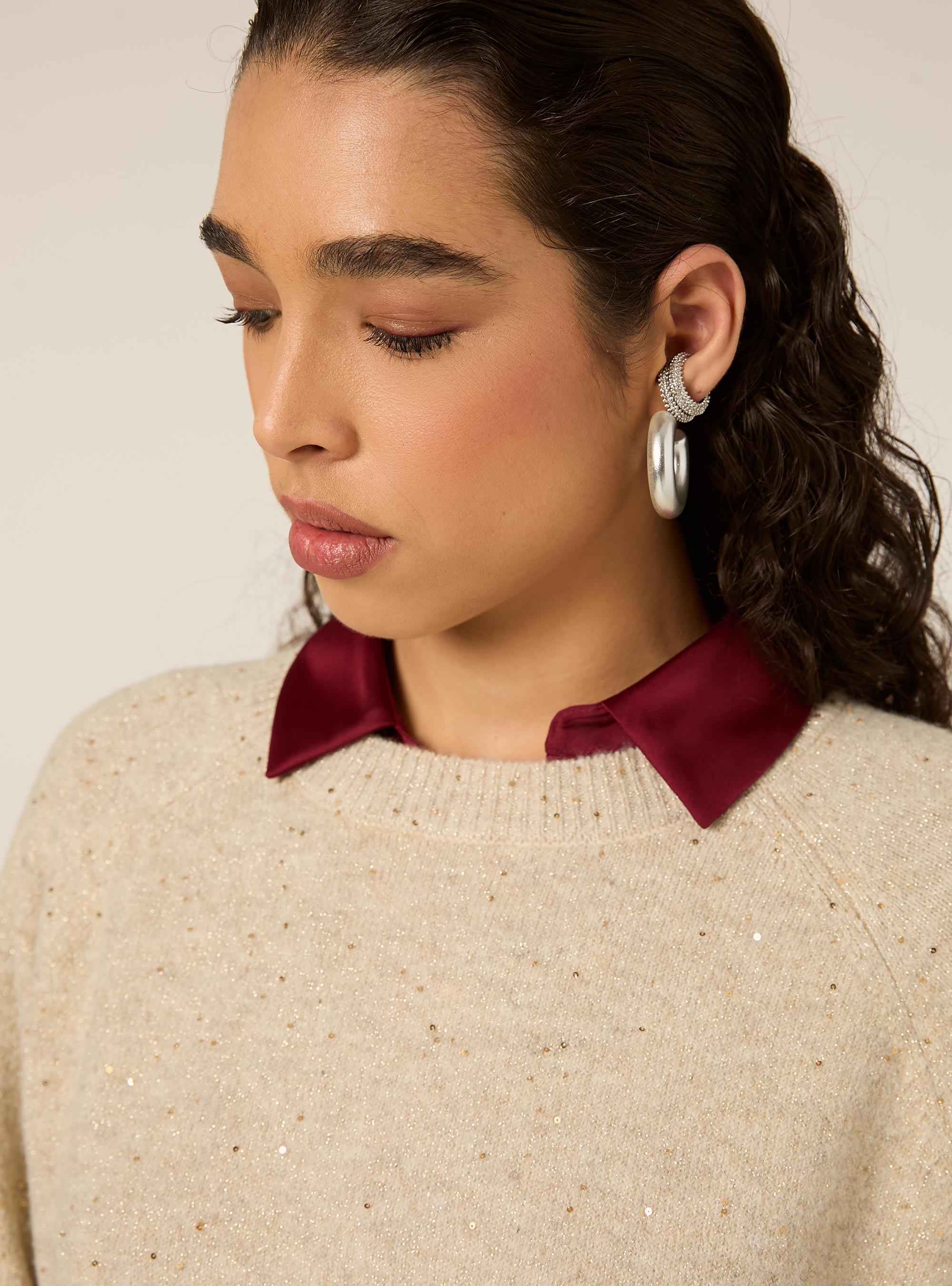 Maglia girocollo manica raglan in lurex, BG3 BEIGE LIGHT