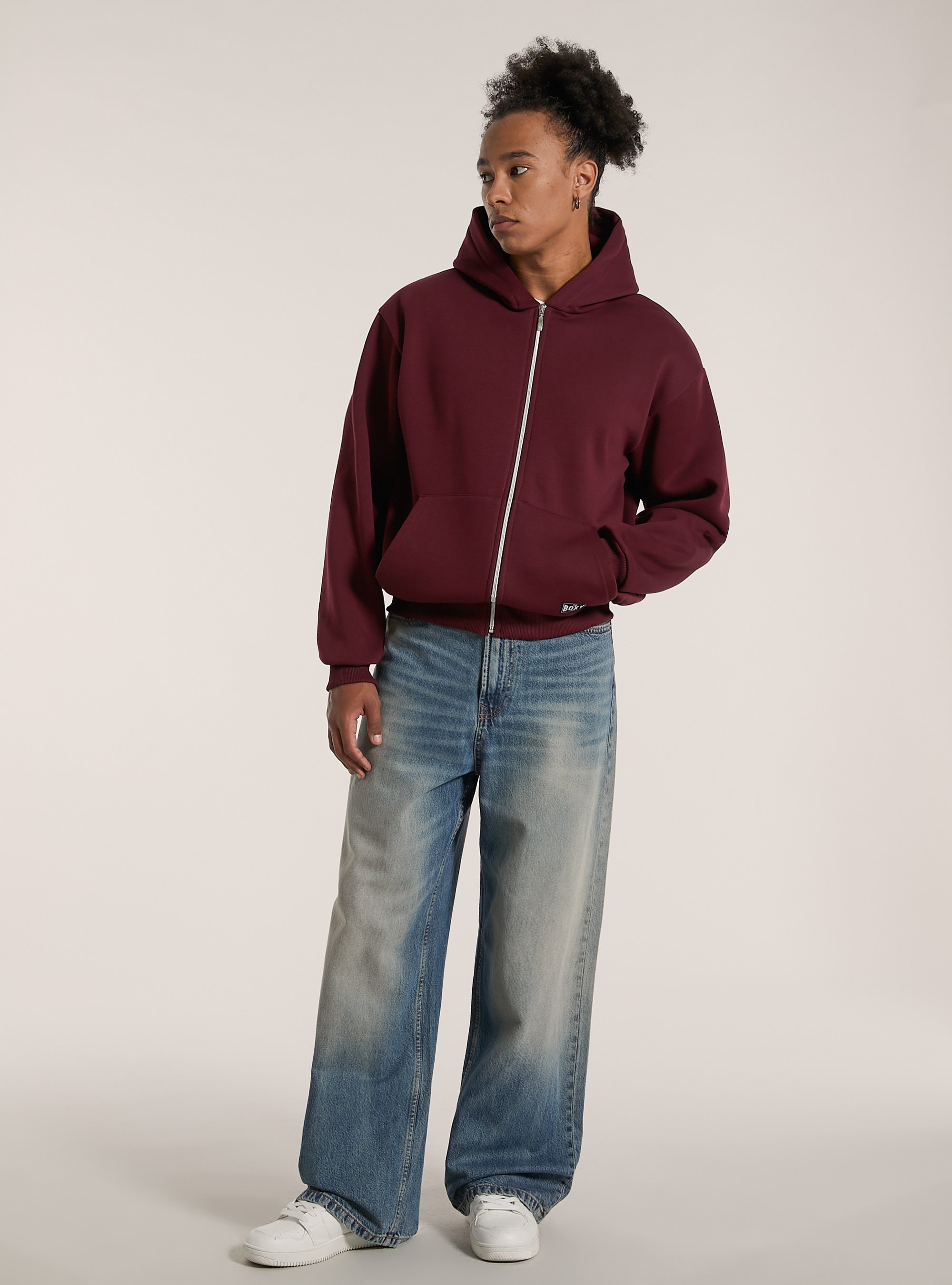 Sweatshirt with zip and boxy fit hood, BO1 BORDEAUX DARK
