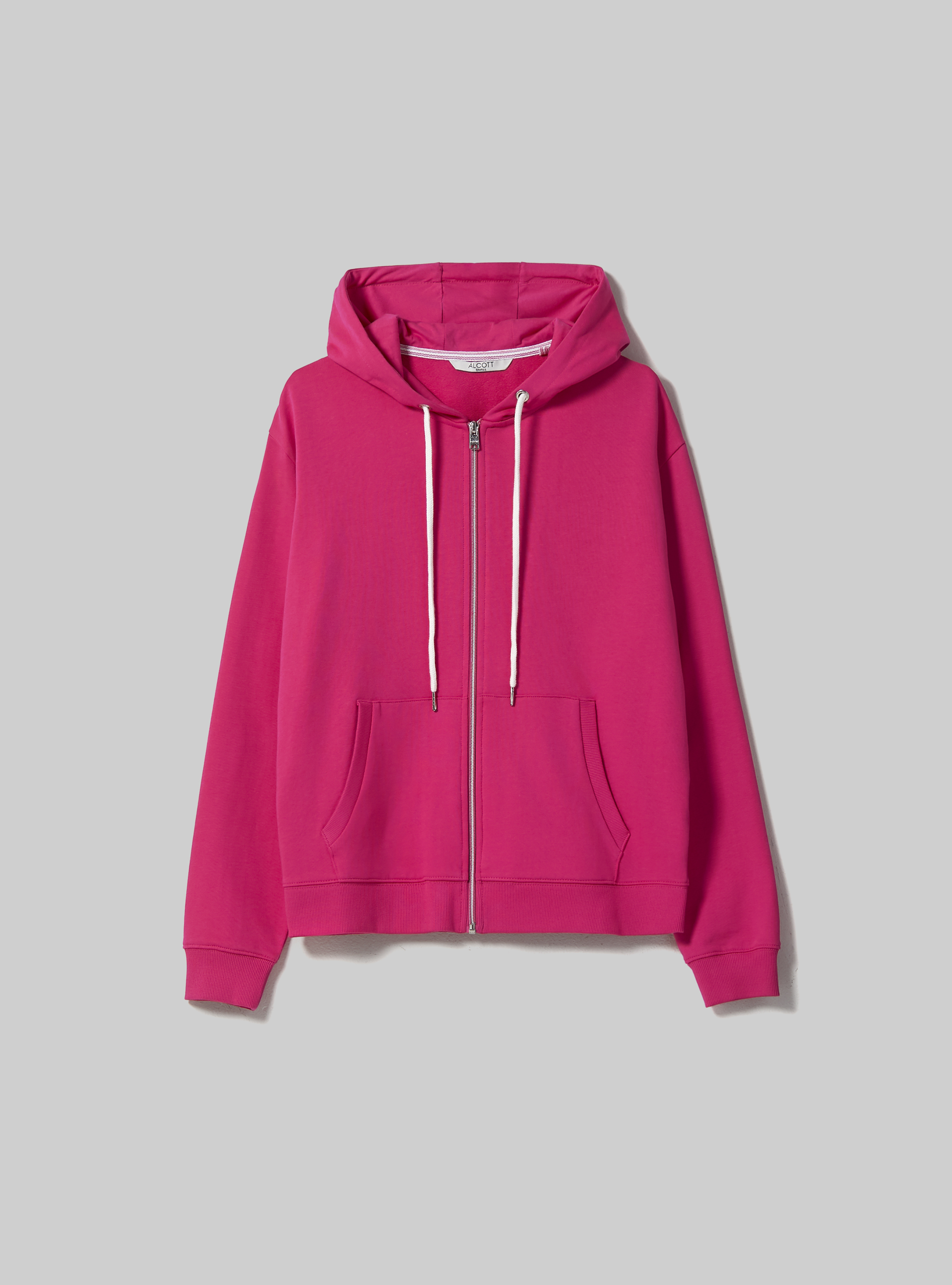 Felpa basic in cotone con zip e cappuccio, FUXIA