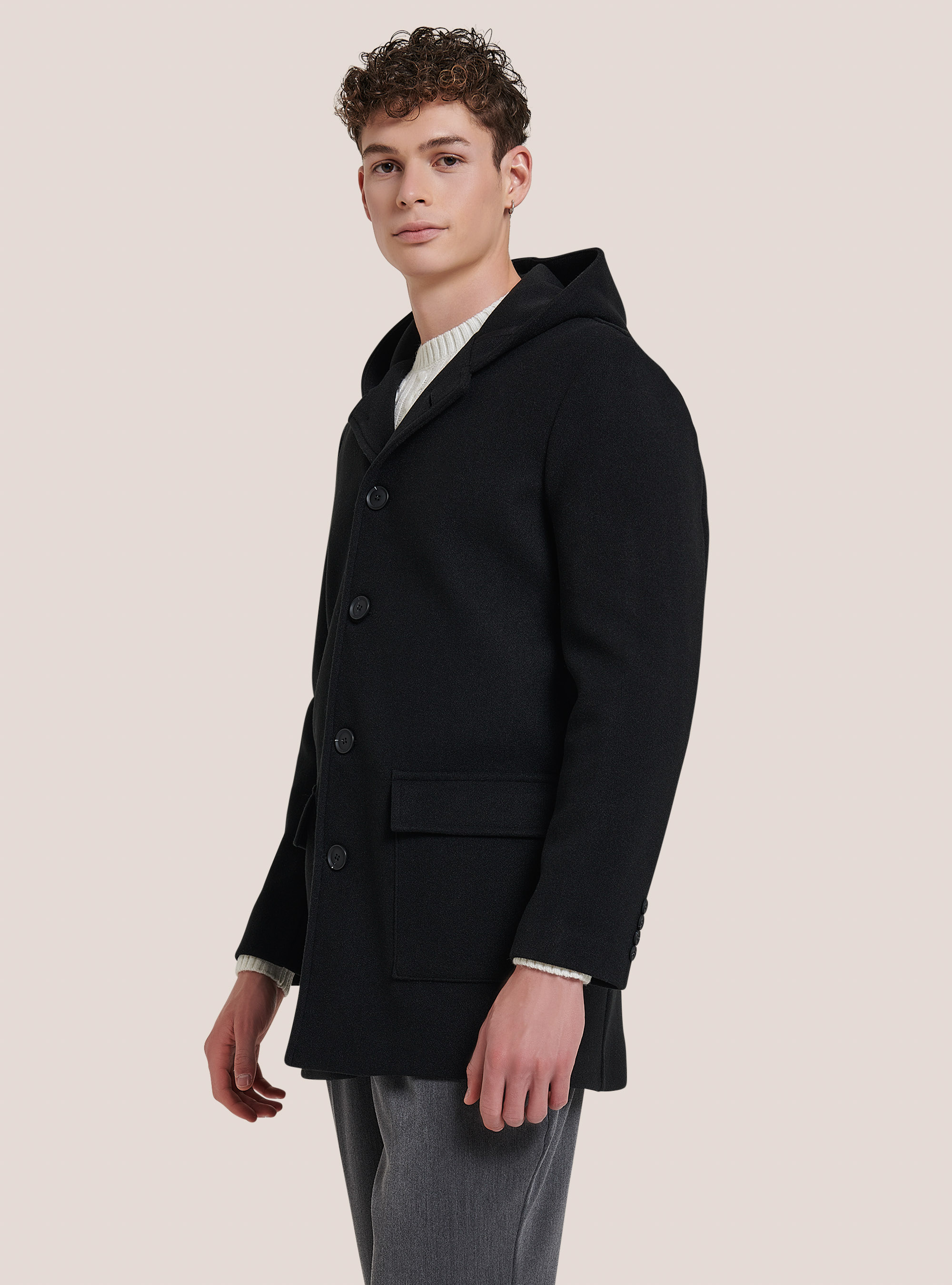 Cappotto corto con cappuccio, BLACK