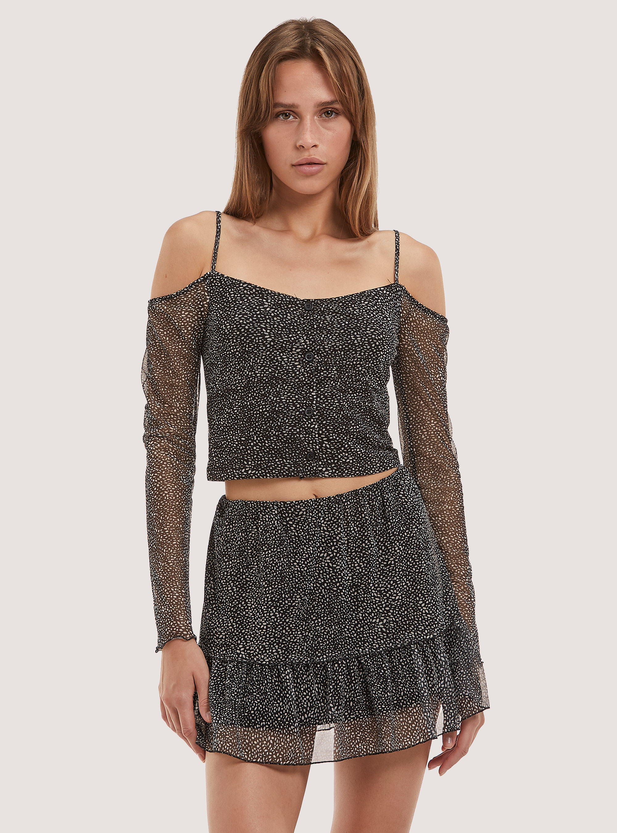 Long-sleeved polka dot structured top, BK1 BLACK