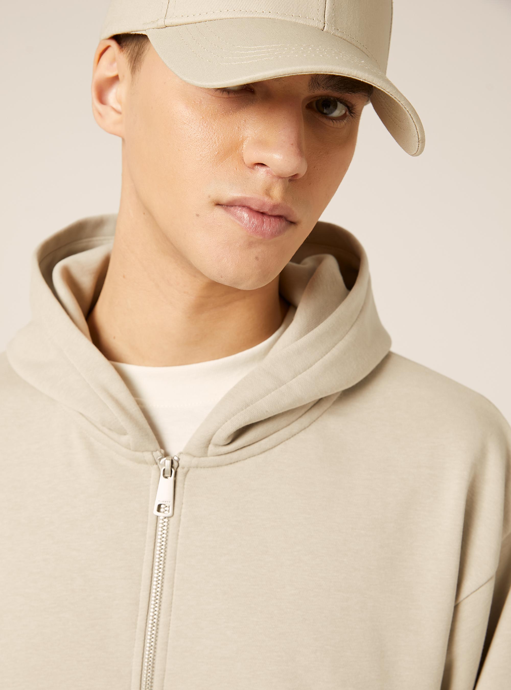 Sweat &agrave; capuche et fermeture &eacute;clair, coupe boxy, BG1 BEIGE DARK