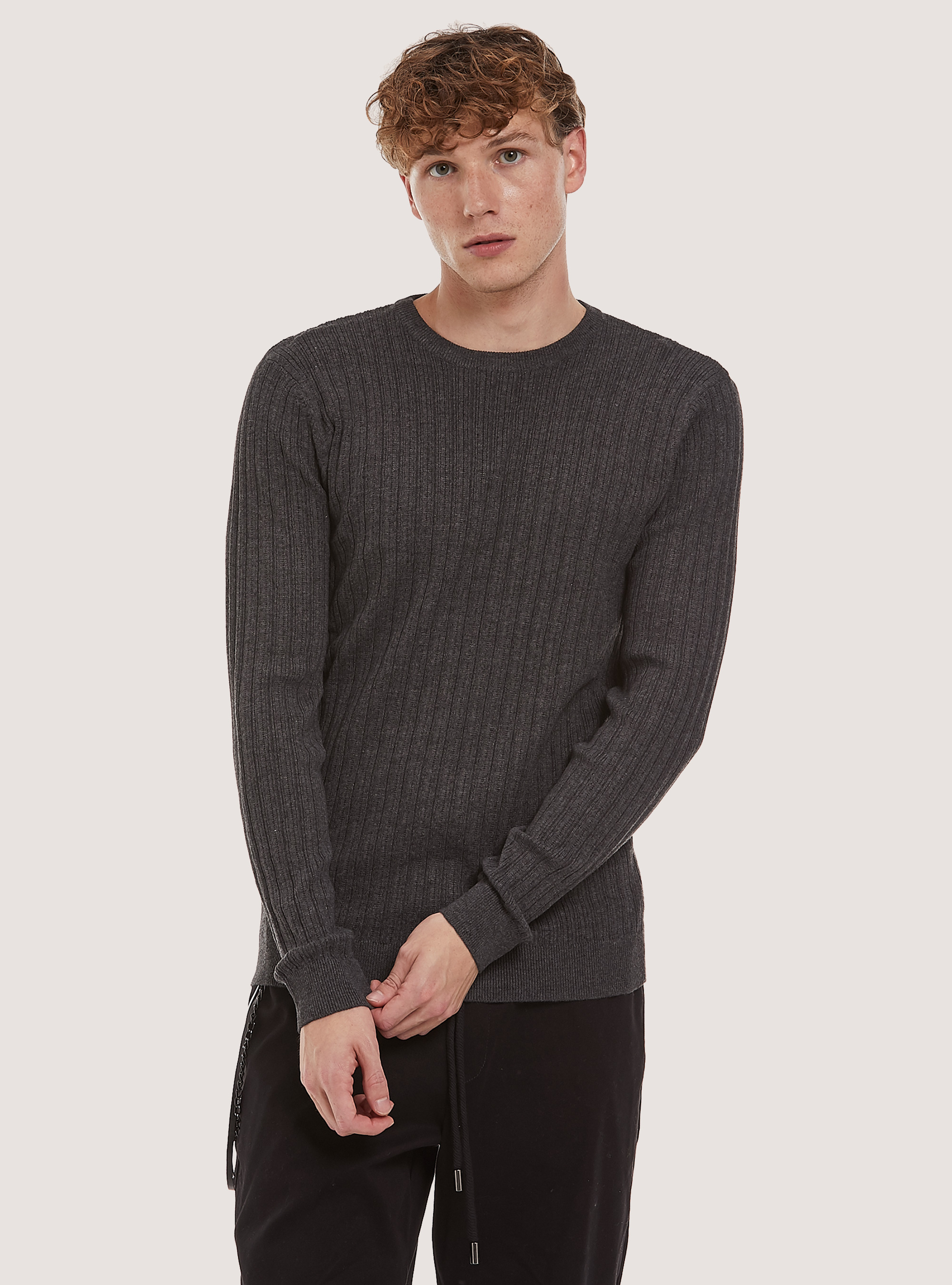 Crew-neck pullover with texture, MGY1 GREY MEL DARK