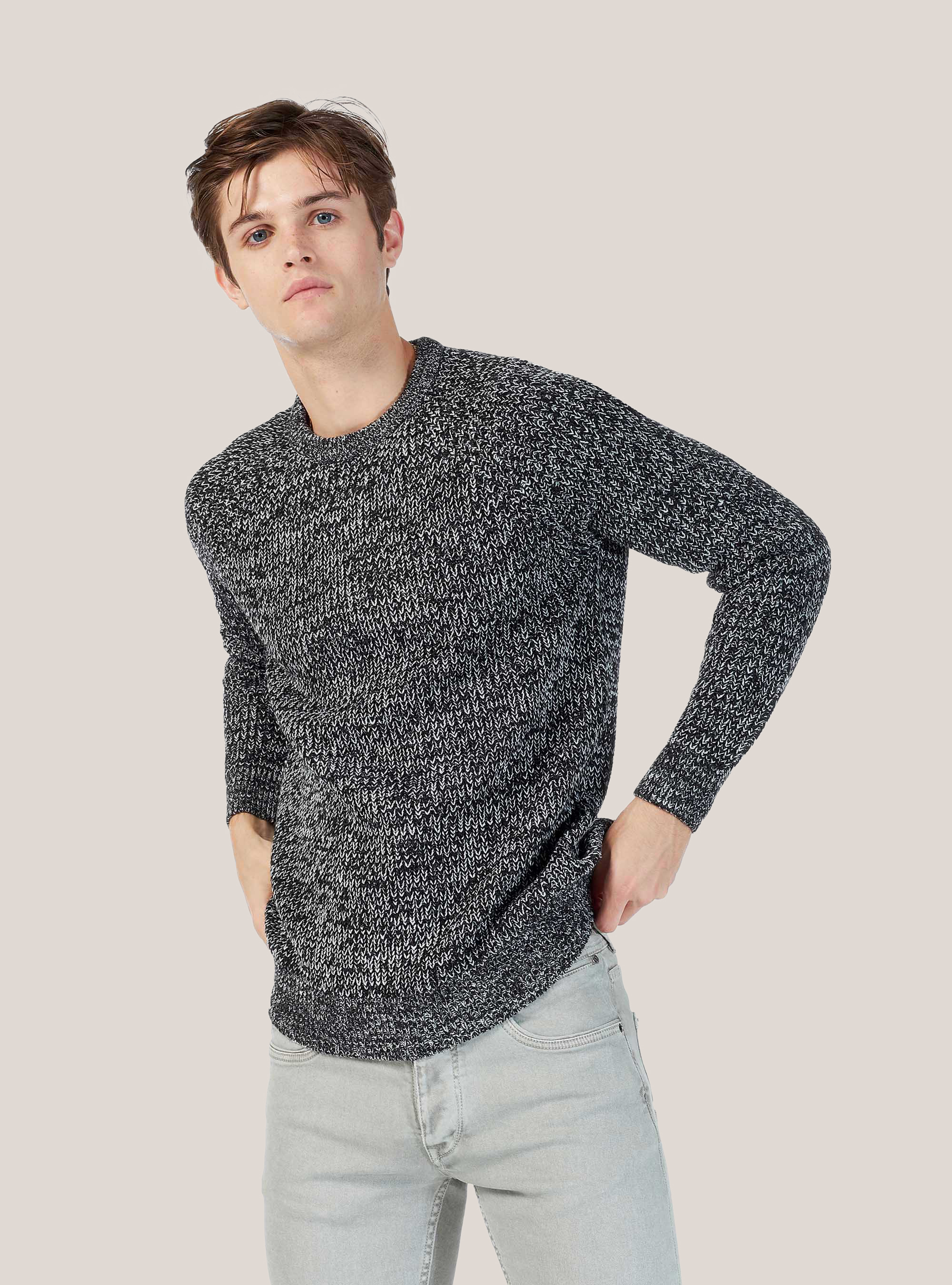 RIB KINT ROUND NECK PULLOVER, CREAM/BLACK