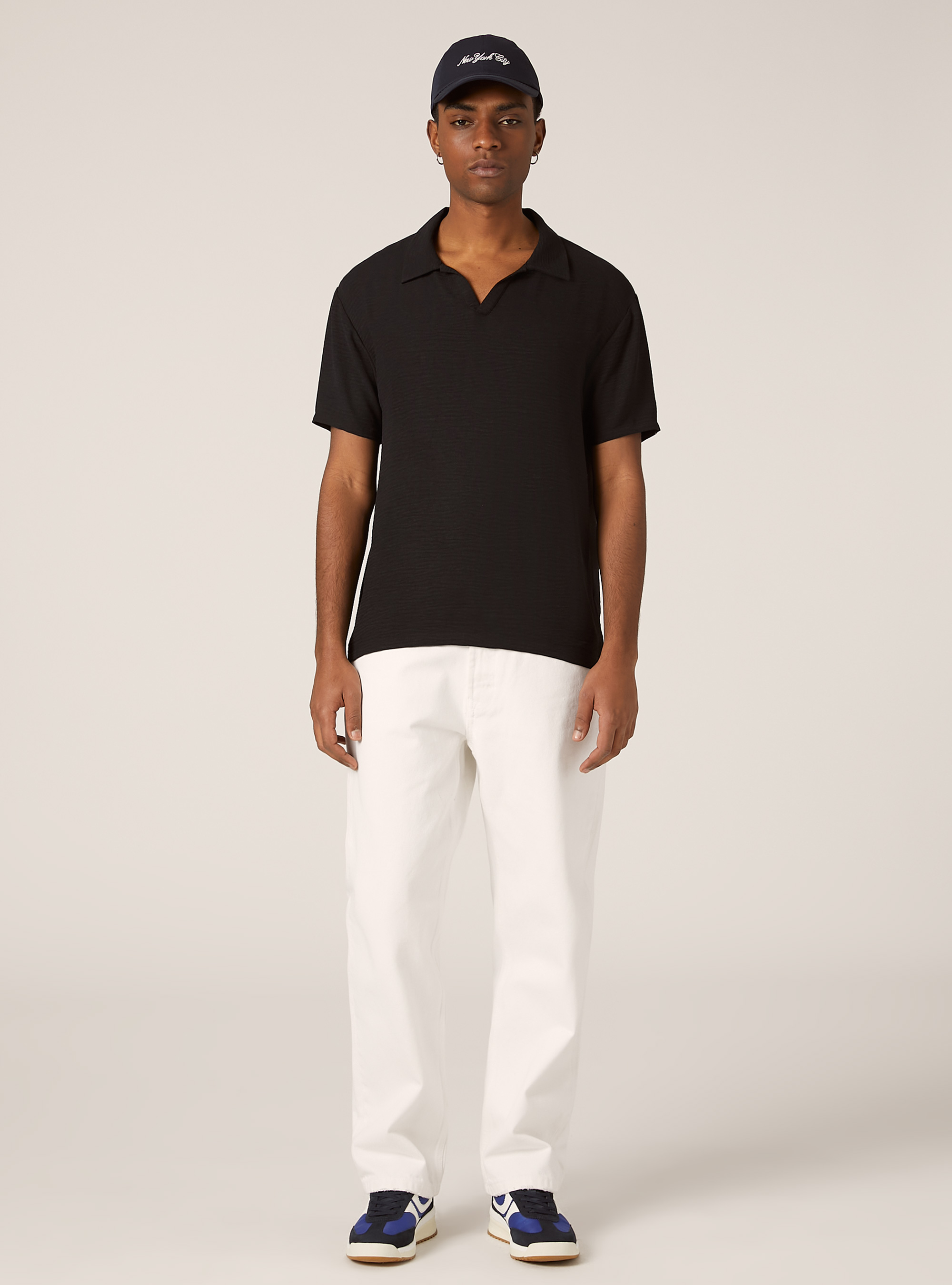 Crepe polo shirt with open collar, BK1 BLACK