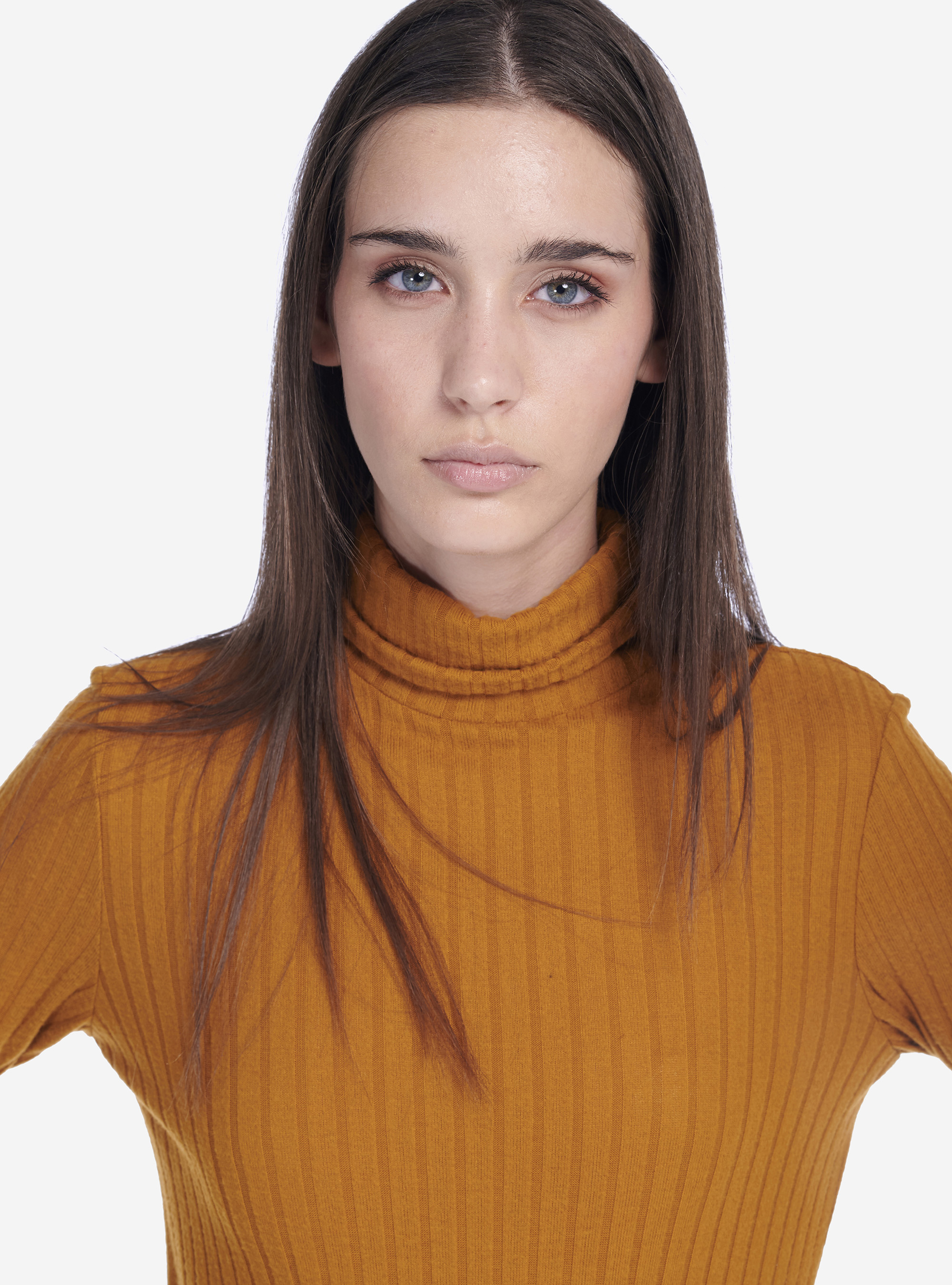 SHORT DRESS WITH HIGH RIBBED COLLAR, MUSTARD