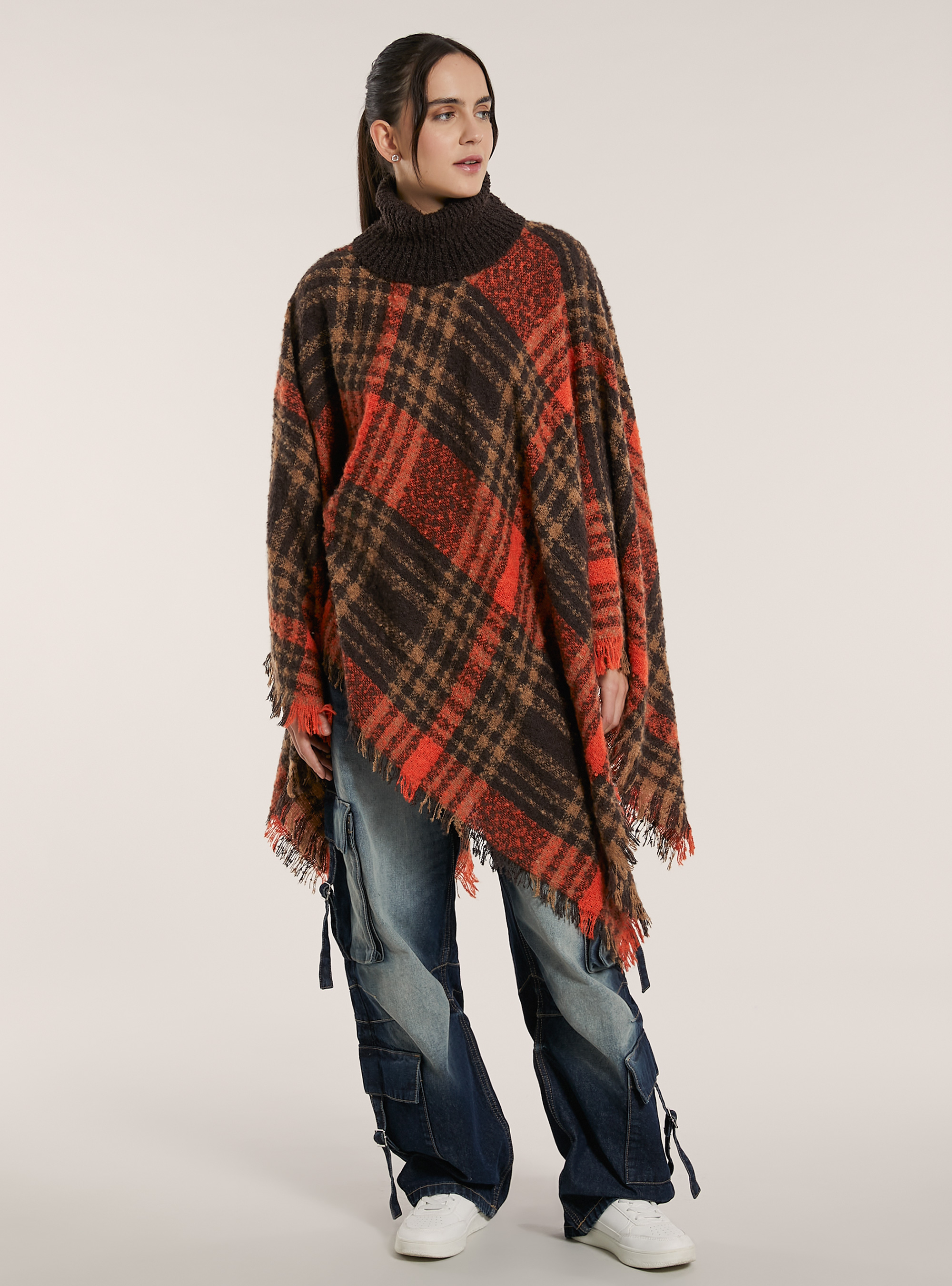 Poncho collo alto fantasia a quadri, MULTICOLOR