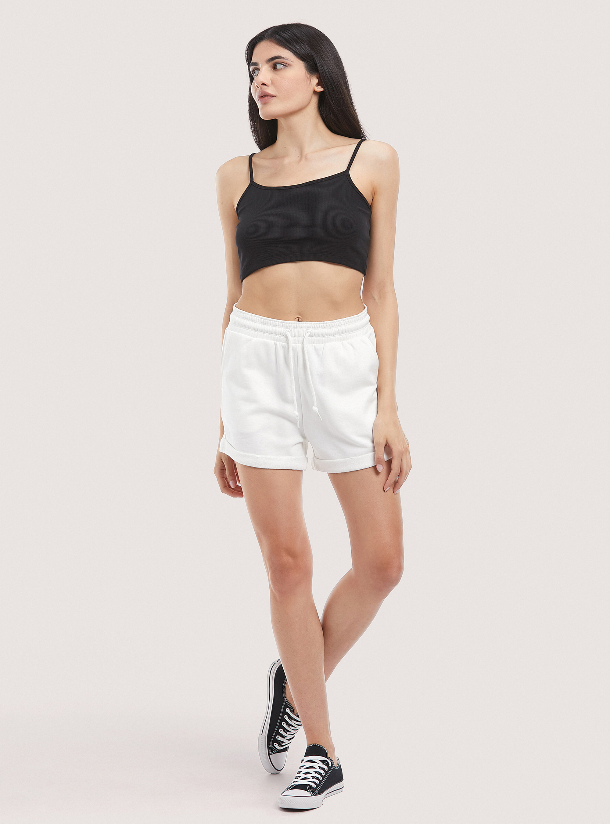 Cotton shorts with turn-ups and drawstrings, C0020 OFF WHITE