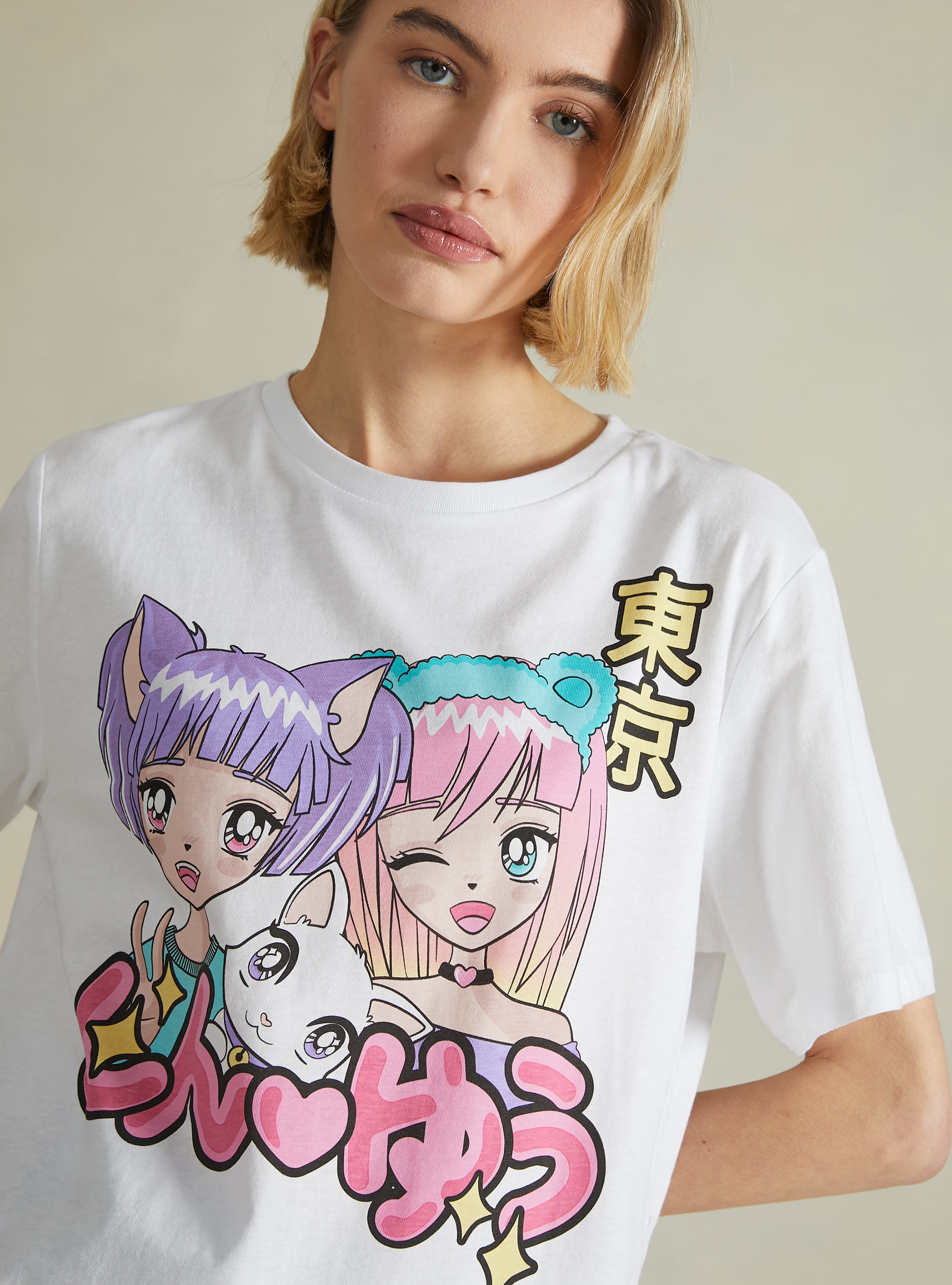 Maglietta con stampa manga, WH3 WHITE