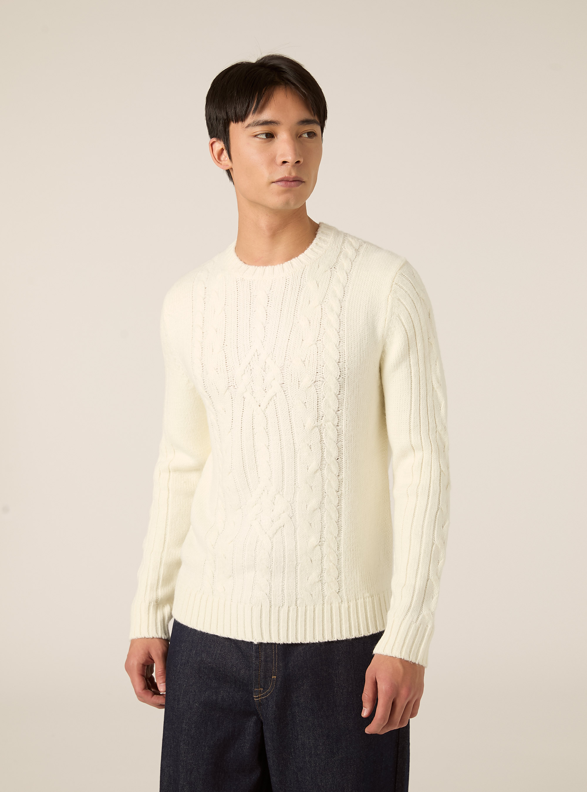 Crew neck jumper with cable knit, WH1 OFF WHITE