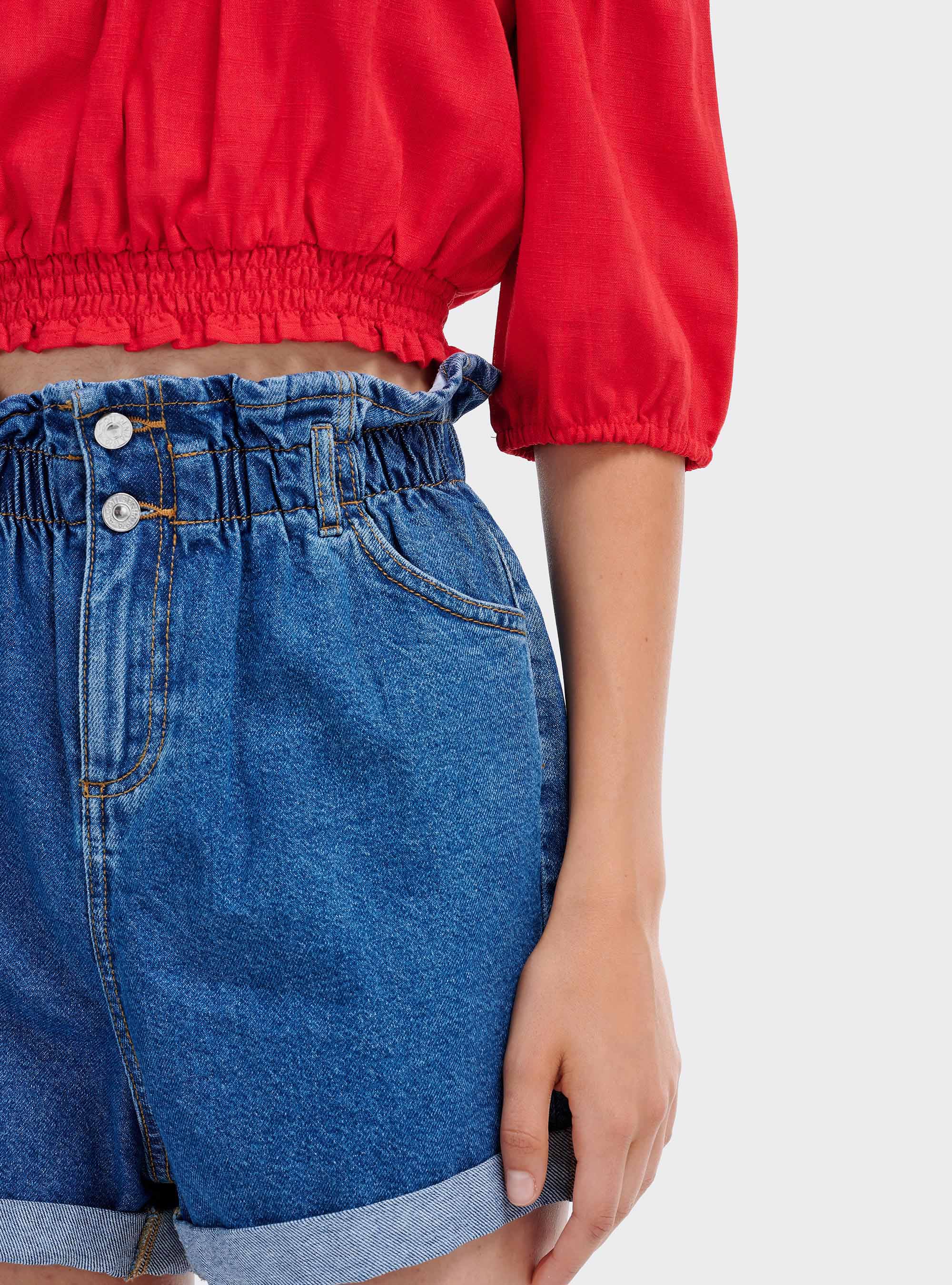 Blusa cropped con maniche a sbuffo, ROSSO