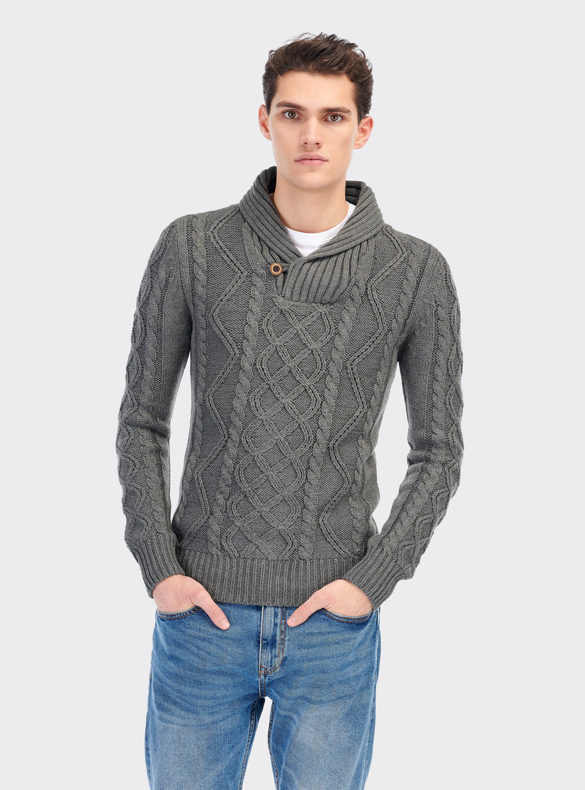 Pullover collo sciallato, GRIGIO SCURO MELANGE