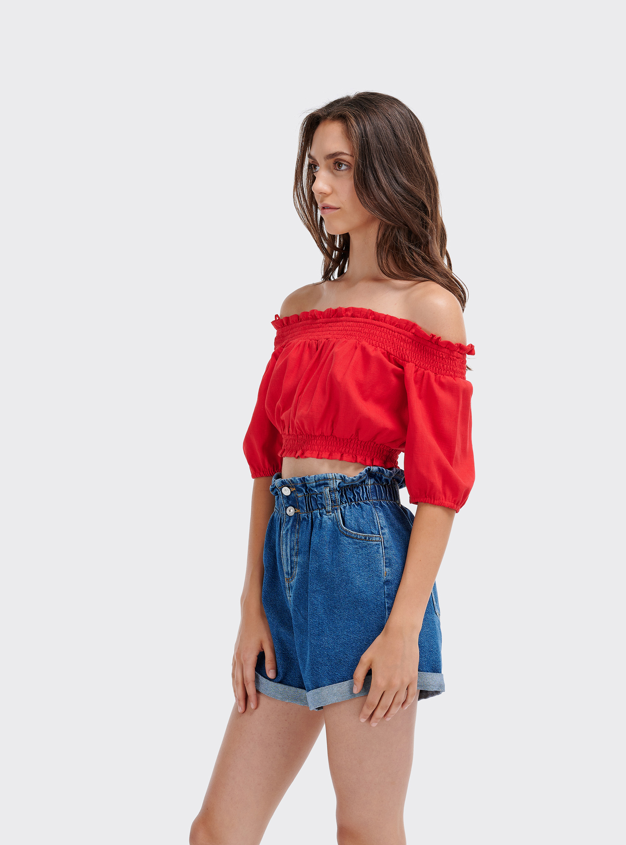 Blusa cropped con maniche a sbuffo, ROSSO