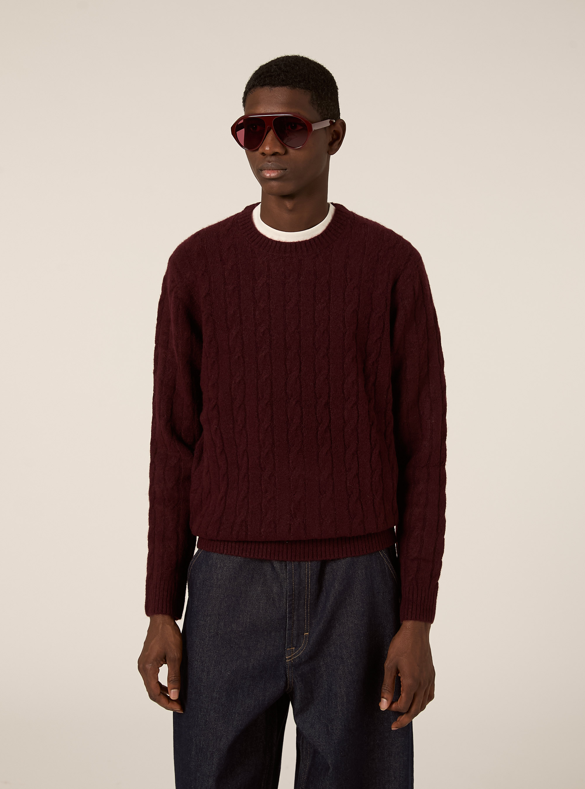 Maglione girocollo cable, BO1 BORDEAUX DARK