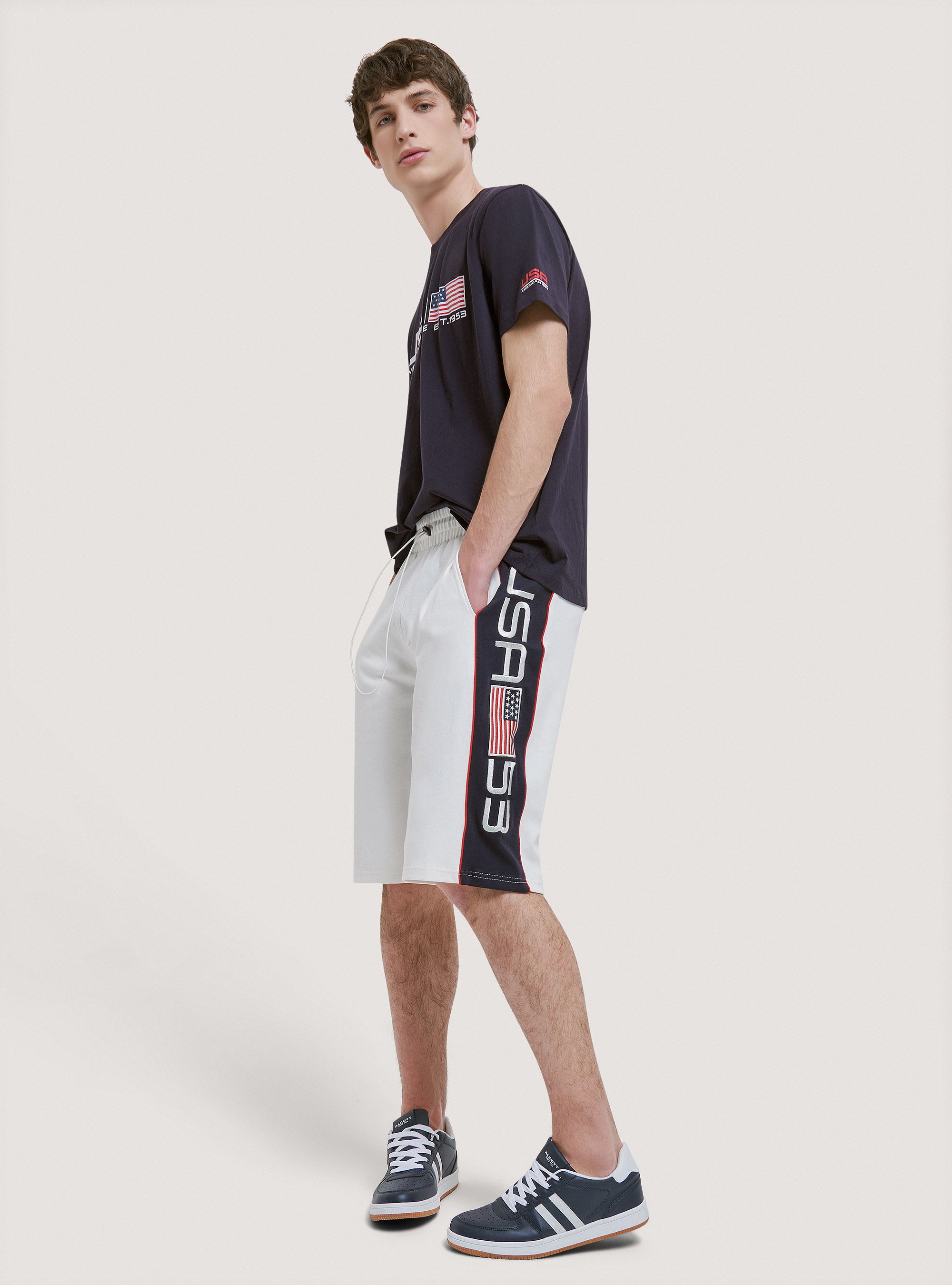 Cotton jogger bermuda with USA patch, C0020 OFF WHITE