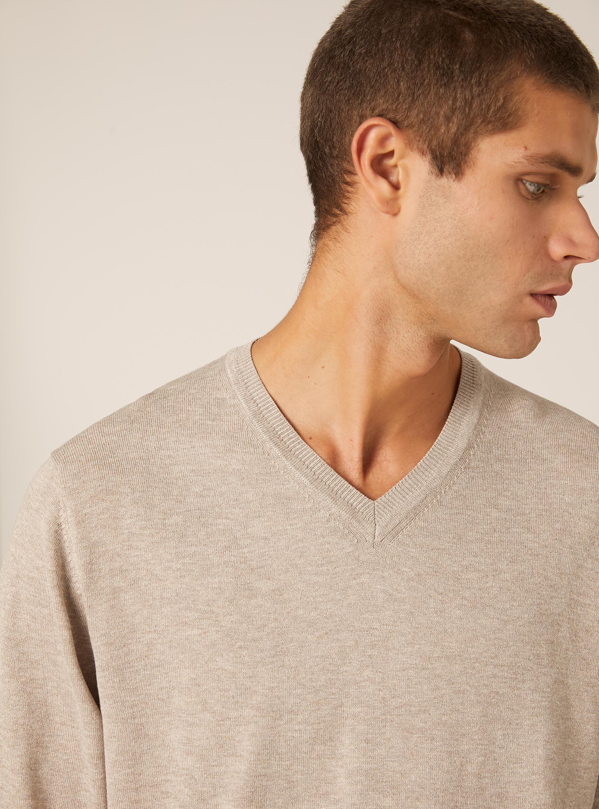 Pullover con scollo a V in viscosa Ecovero, MBG2 BEIGE MEL MED