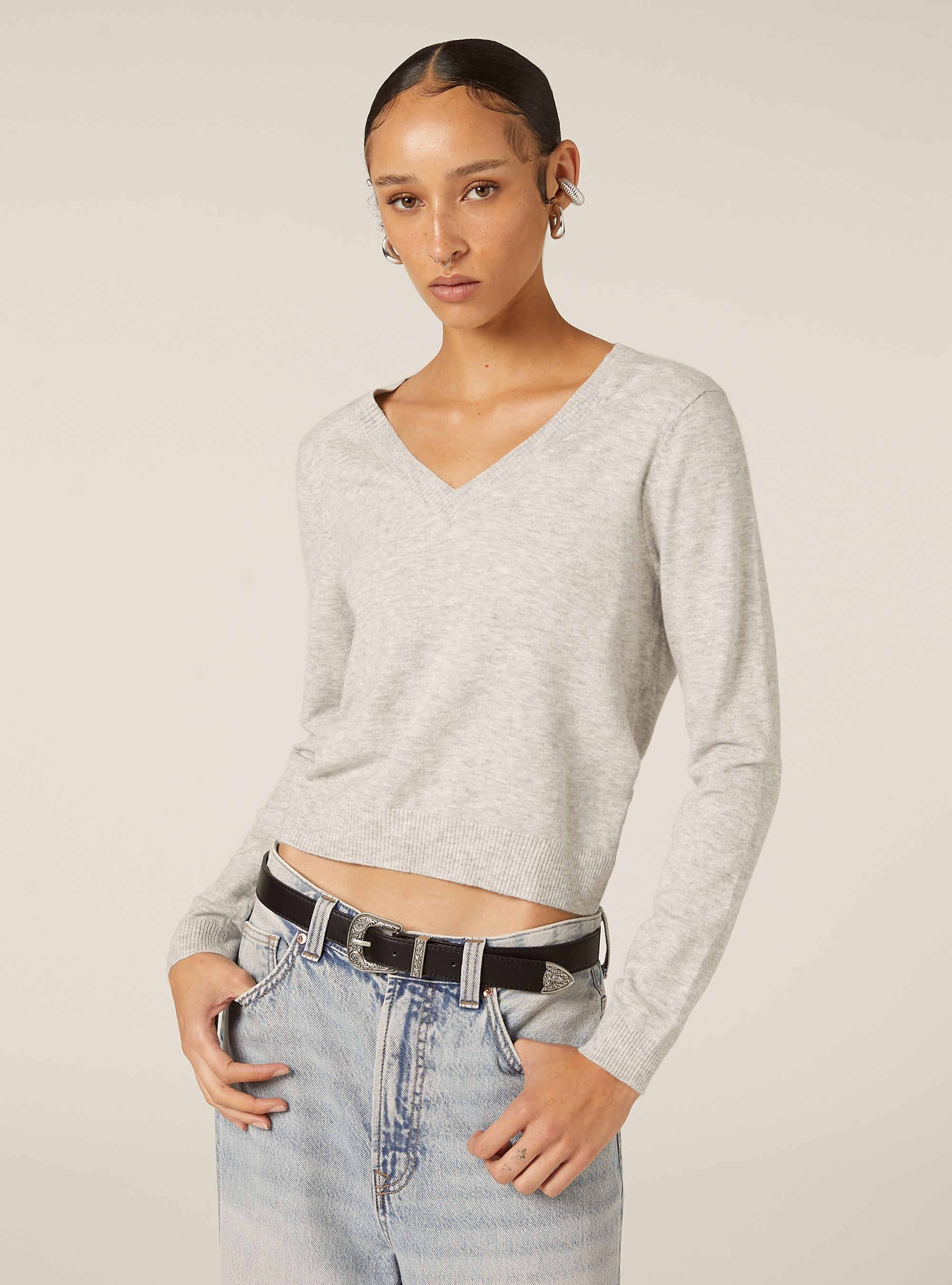 Boxy fit V-neck pullover, MGY2 GREY MEL MEDIUM