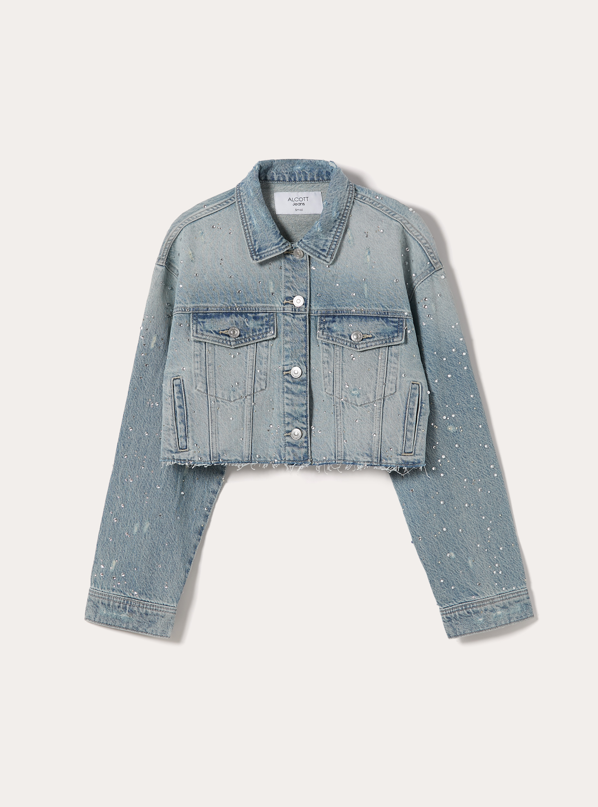 Giubbotto crop in denim con strass, D006 AZURE