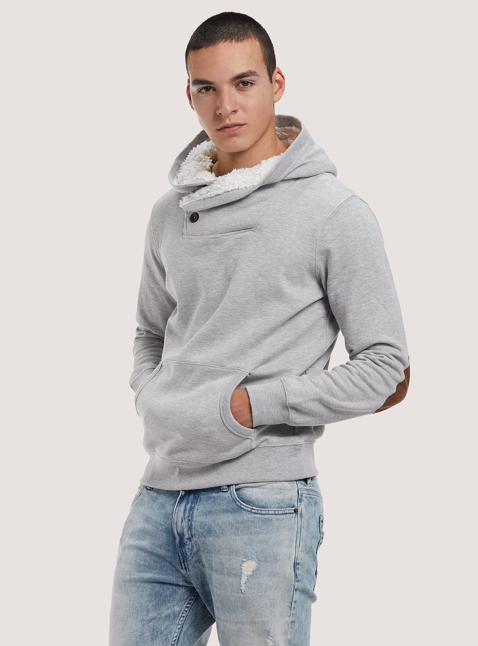 Felpa basic con cappuccio in eco pelliccia, GRIGIO CHIARO MELANGE