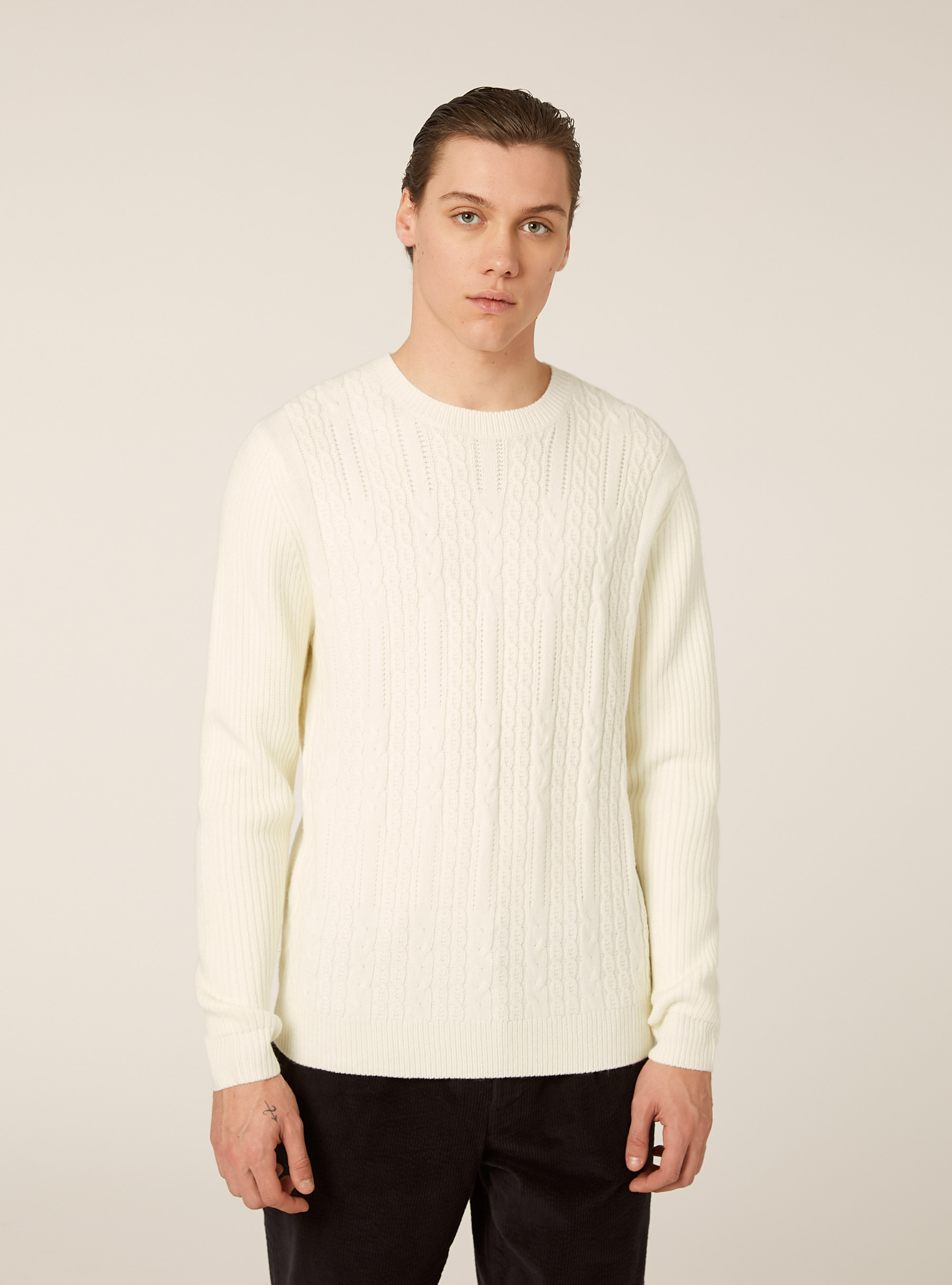 Maglione girocollo trecce, WH1 OFF WHITE
