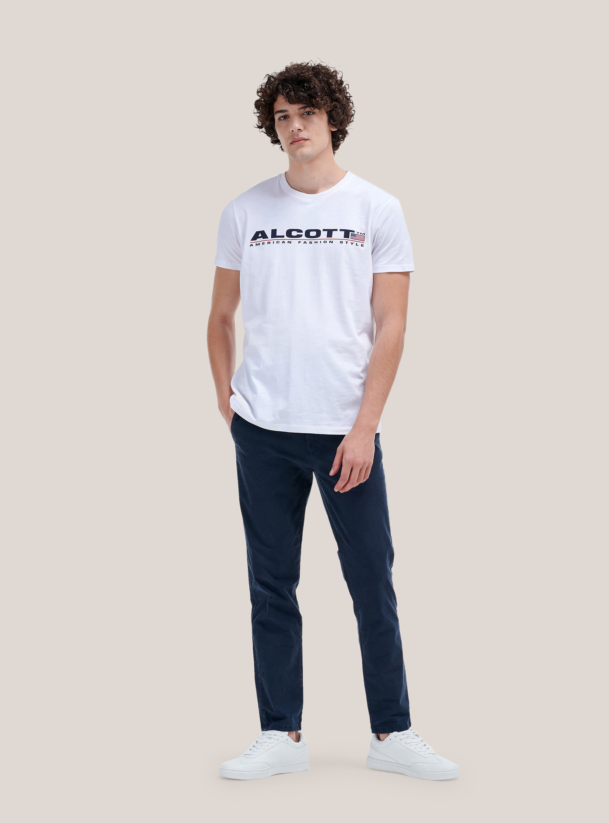 Pantaloni chinos twill stretch in cotone sostenibile, BLU MARINO