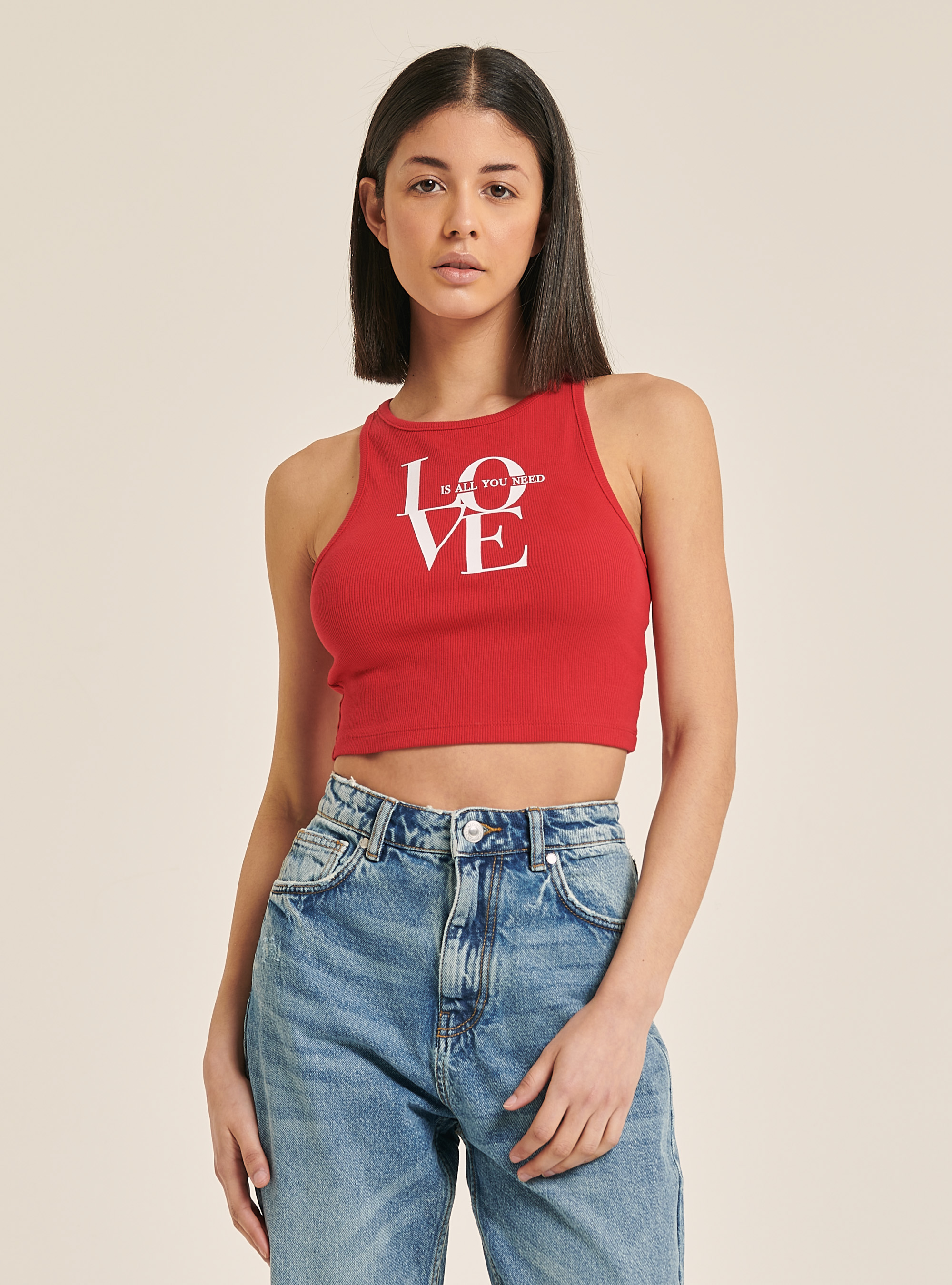 Cotton crop top with lettering print, C3376 RED