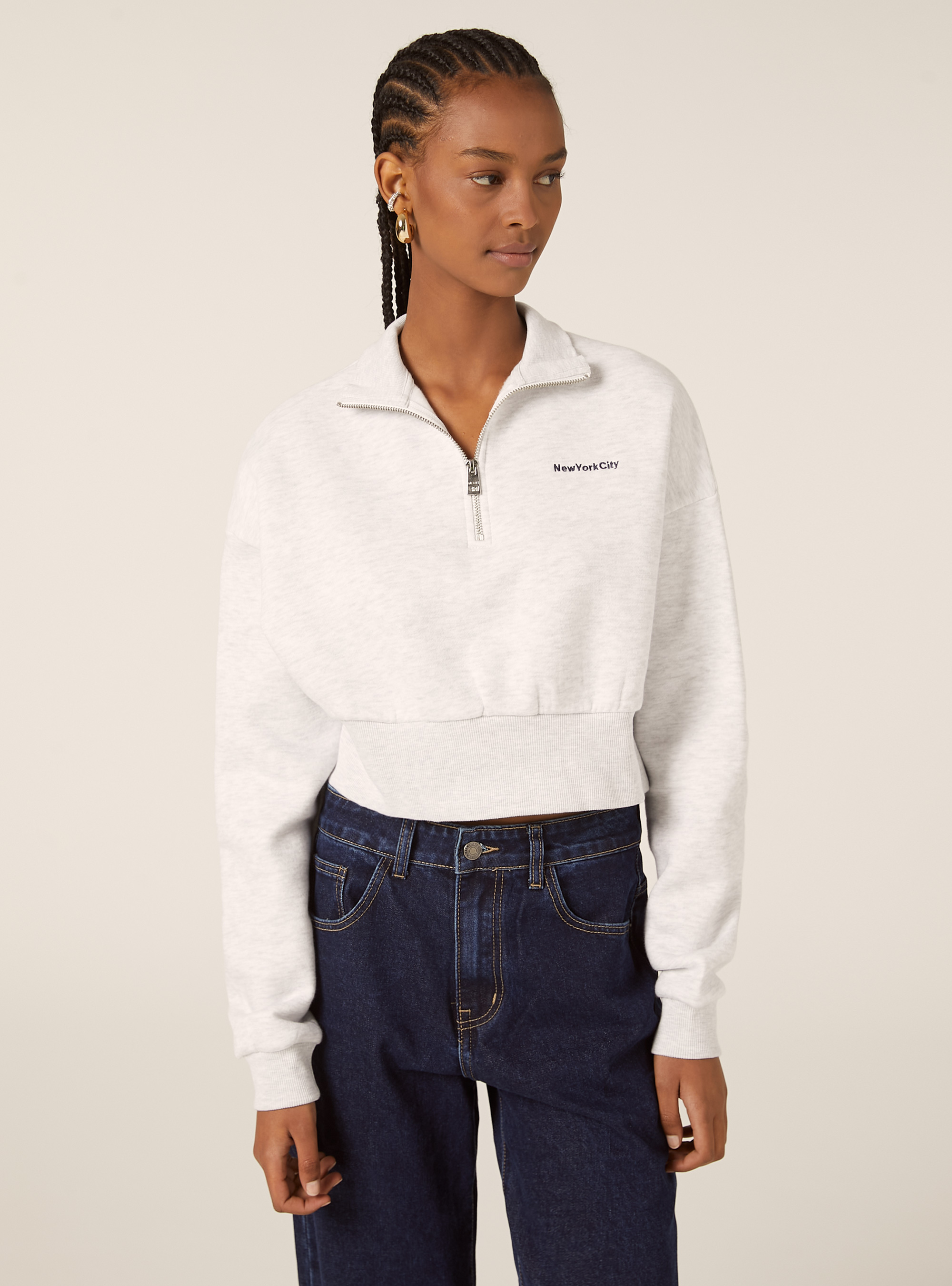 Cropped sweatshirt with collar and zip, MGY3 GREY MEL LIGHT