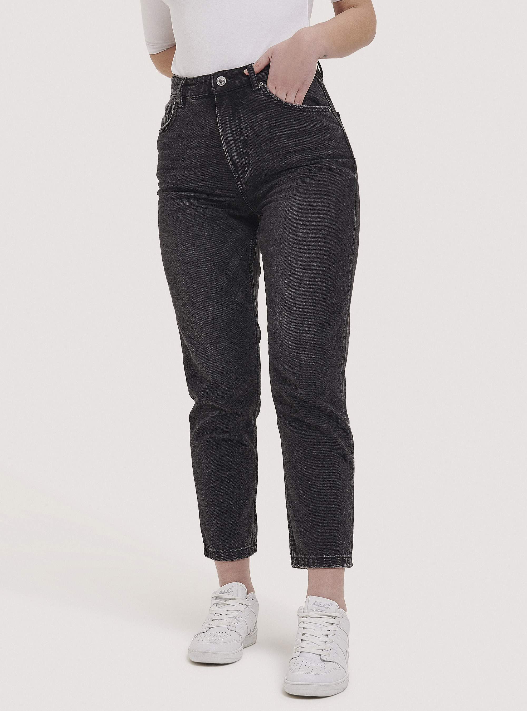 Cotton mom fit jeans, D000 BLACK