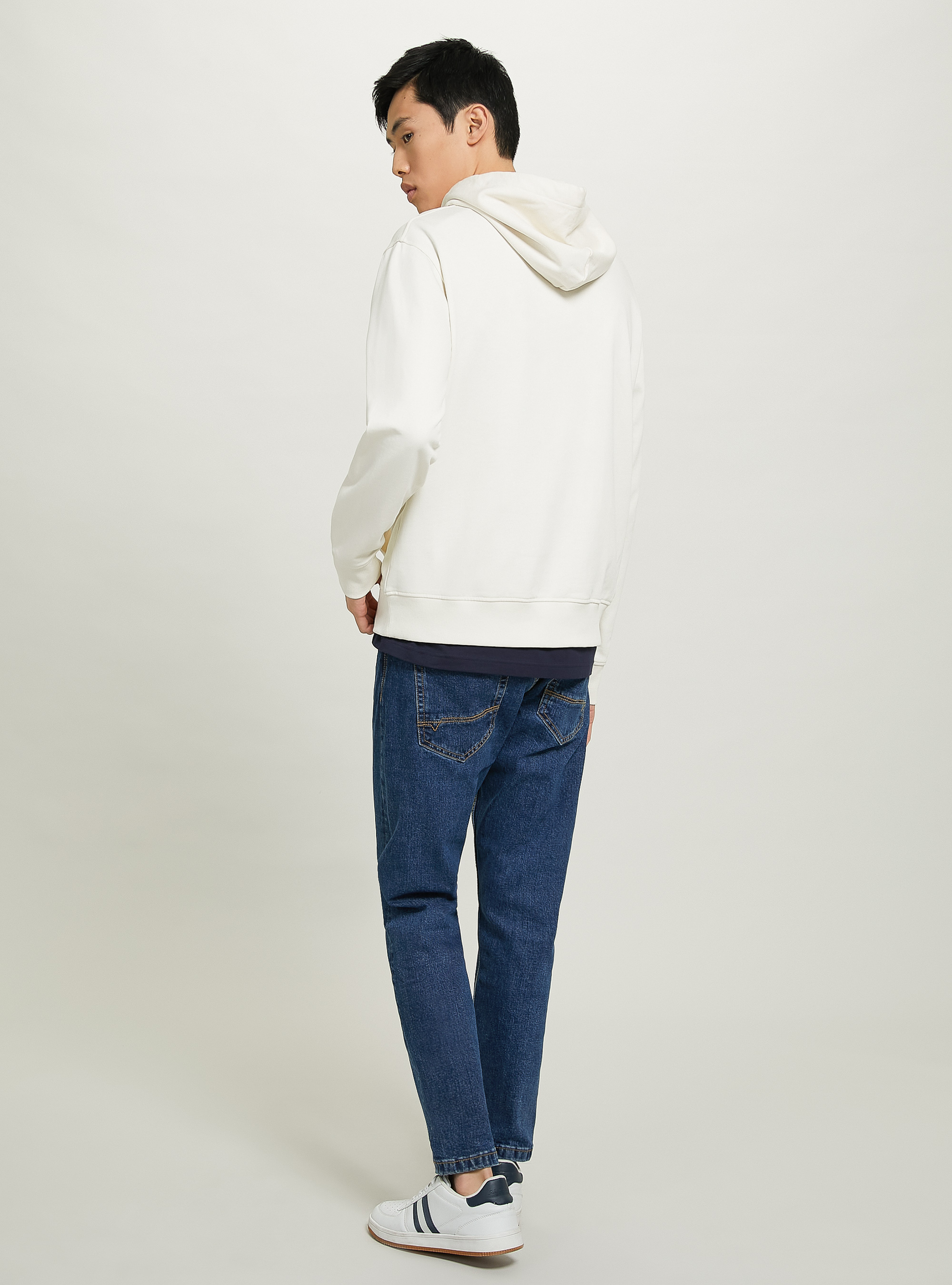 Baumwollsweatshirt mit Kapuze und USA-Aufnäher, C104 CREAM