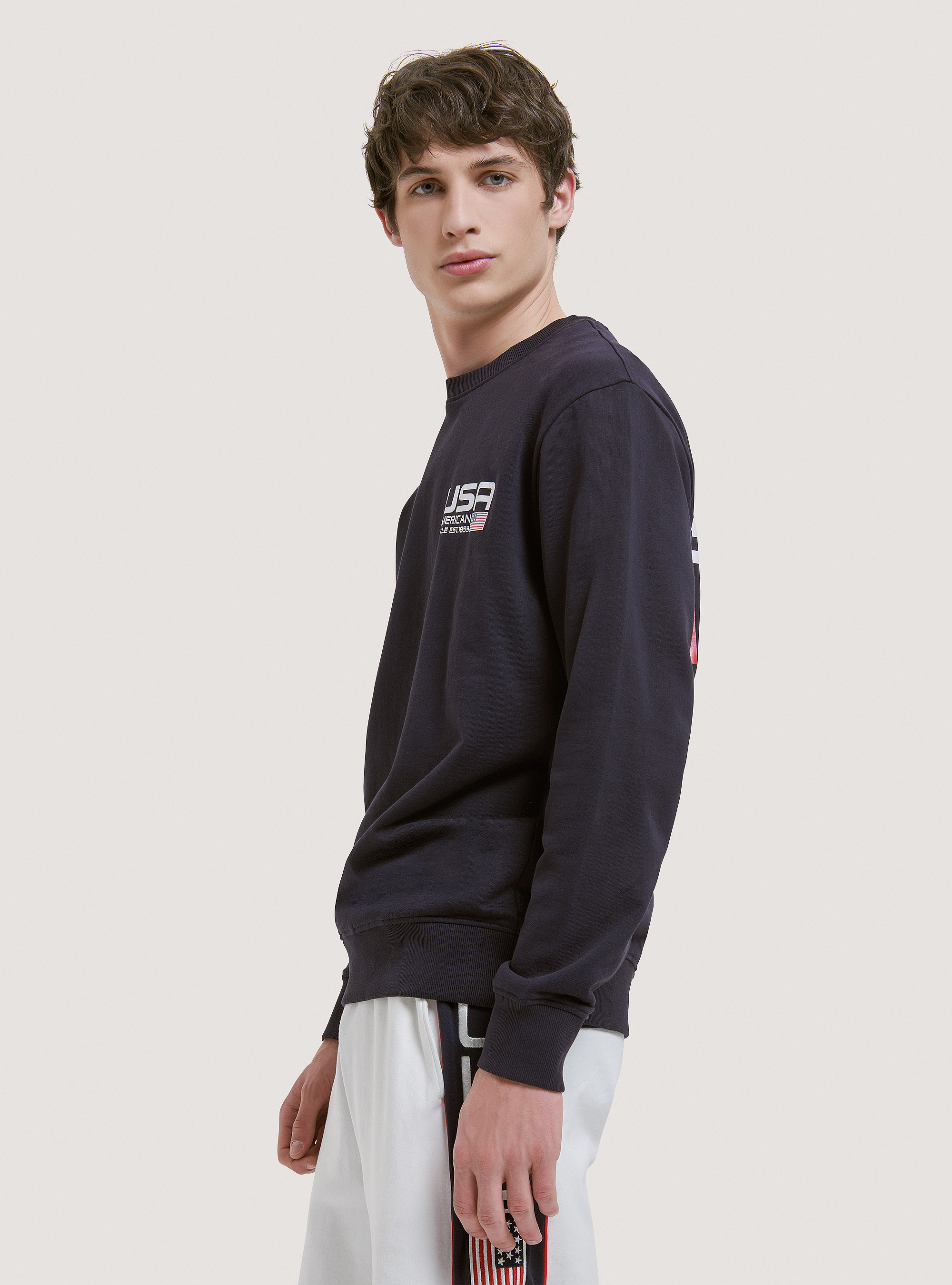 Baumwollsweatshirt mit Rundhalsausschnitt und Druck, C210 BLUE NAVY