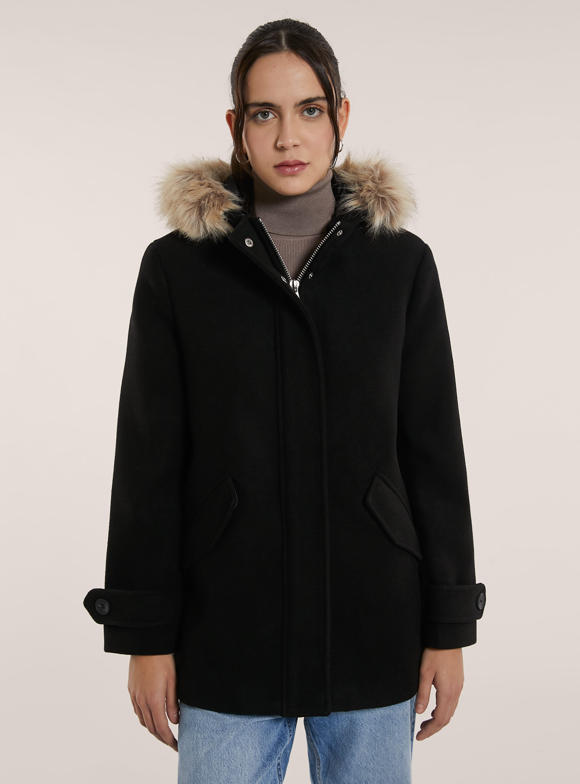 Cappotto corto con cappuccio, BK1 BLACK