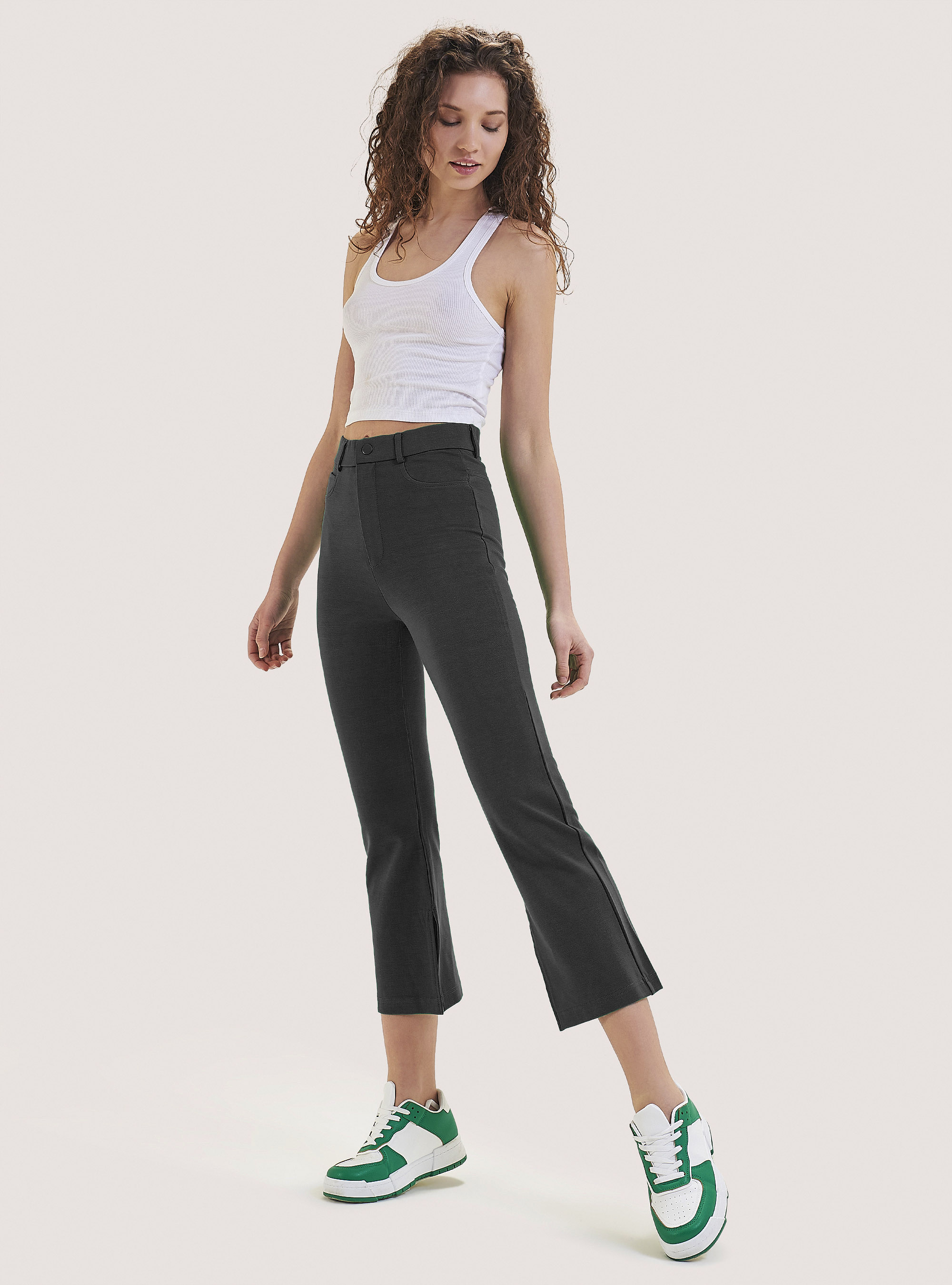 Cropped flare trousers with slits, BK1 BLACK