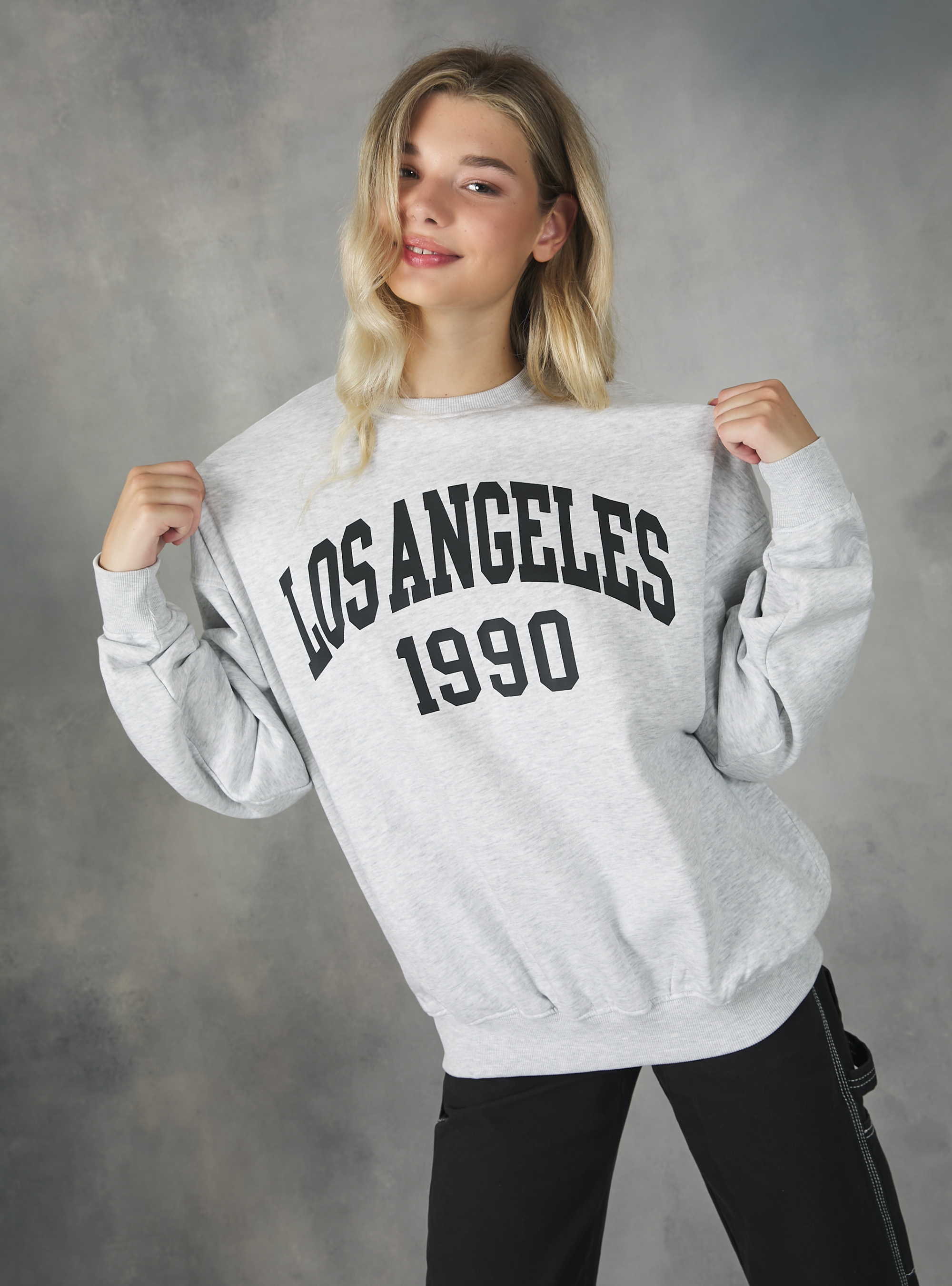 Sudadera universitaria oversize de cuello redondo, MGY3 GREY MEL LIGHT