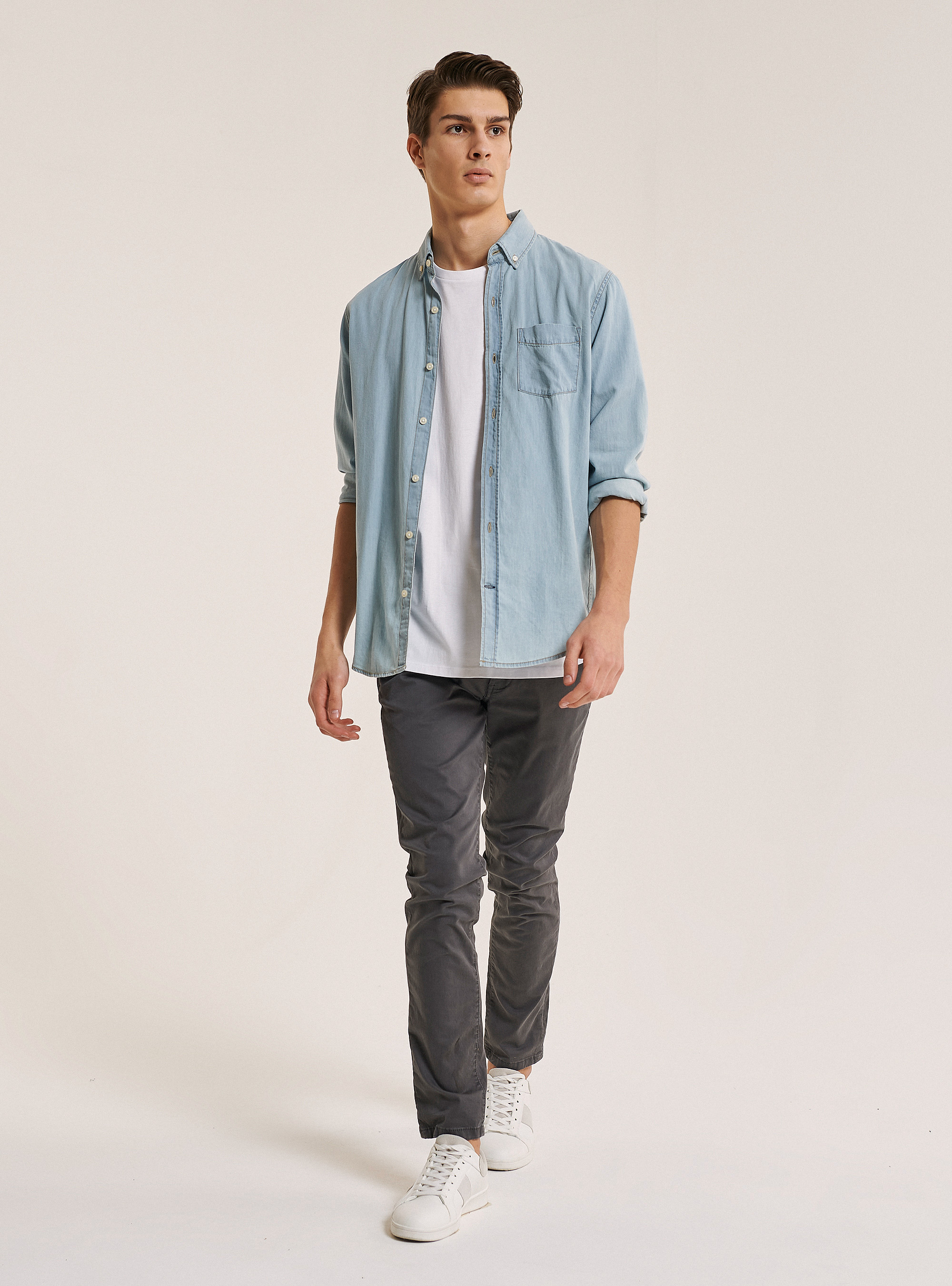 Denim shirt with button-down collar, BLUE
